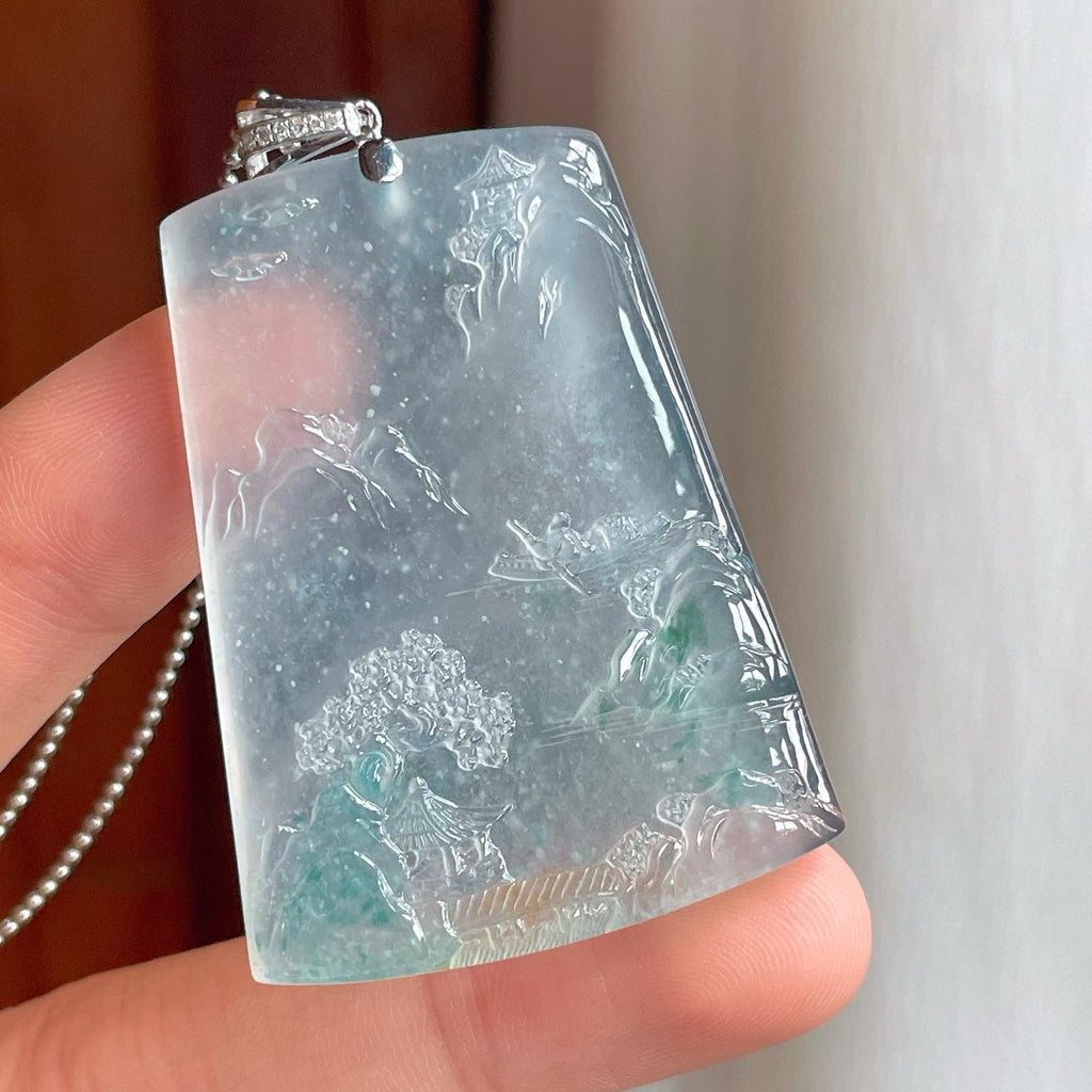 18k金扣冰玻种飘花翡翠山水牌（yc248489）