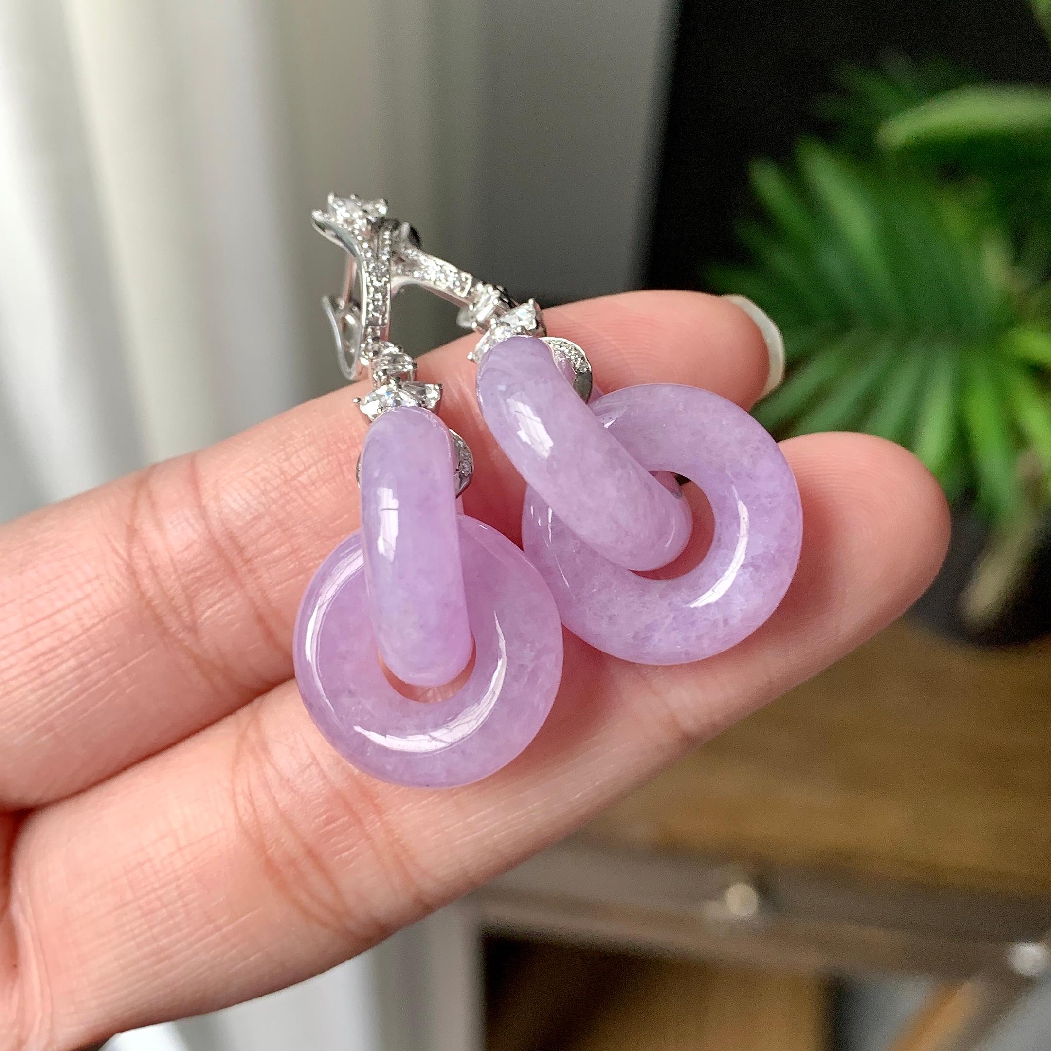 18K金钻镶糯冰种紫罗兰环环相扣耳坠（yc253840）