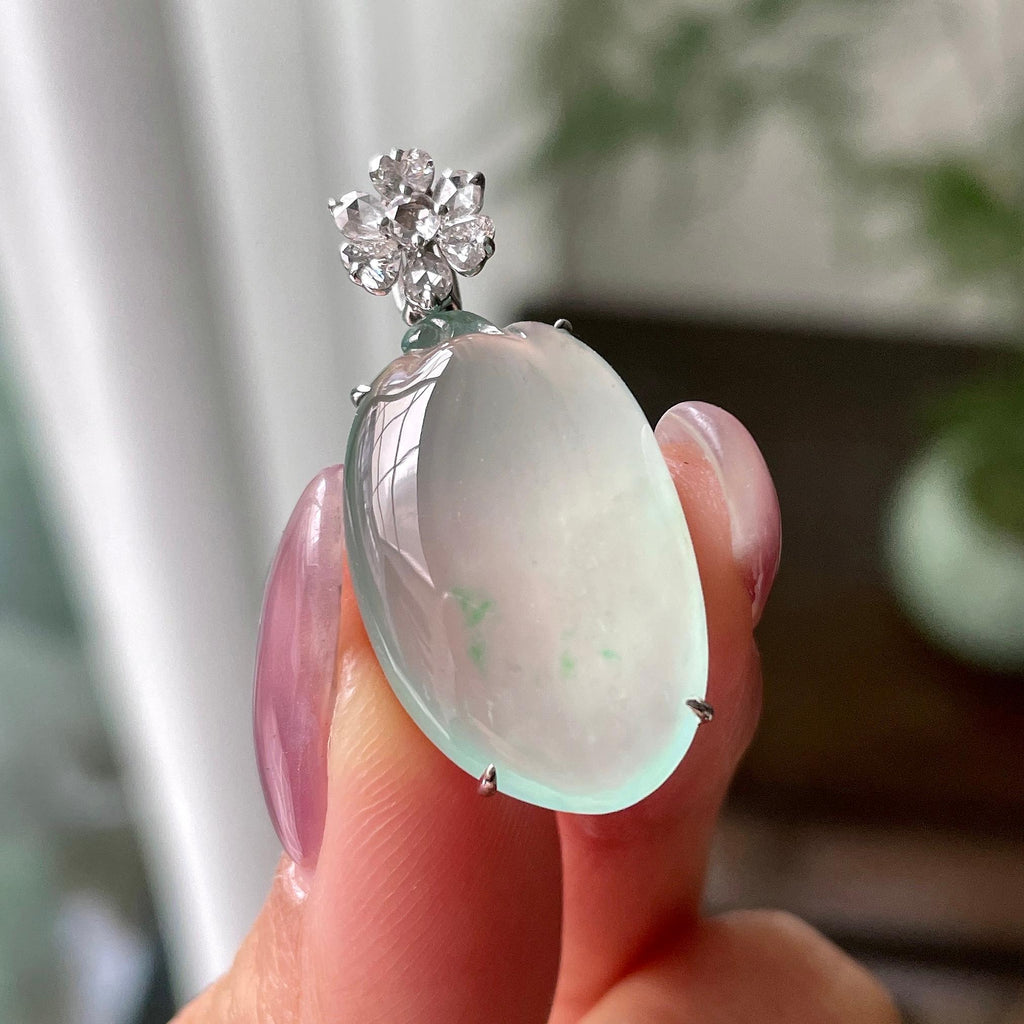 18k金钻镶冰种晴水飘绿花福瓜吊坠    天然缅甸A货翡翠（yc318387）