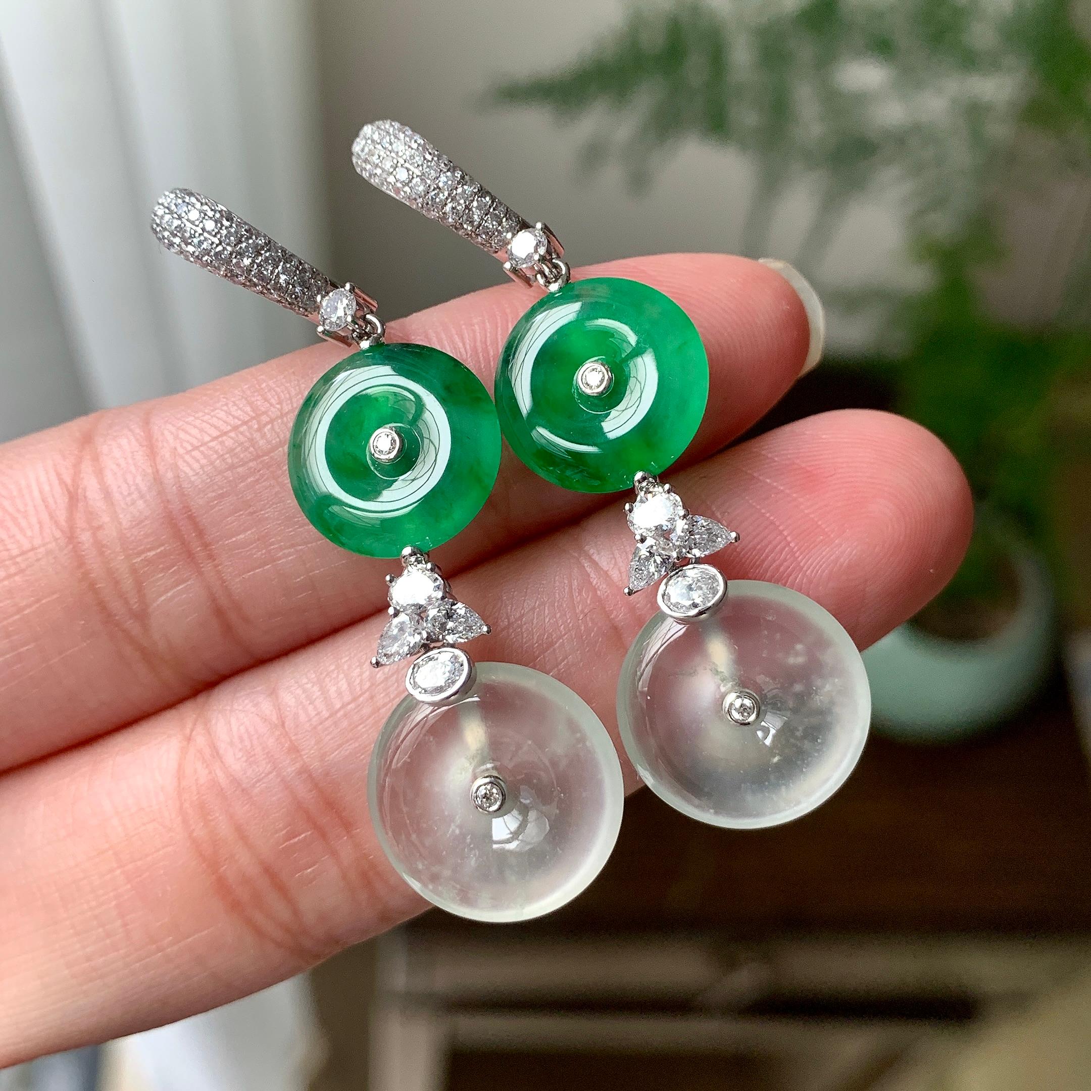 18K金钻镶糯冰种满绿平安扣耳坠（yc253819）