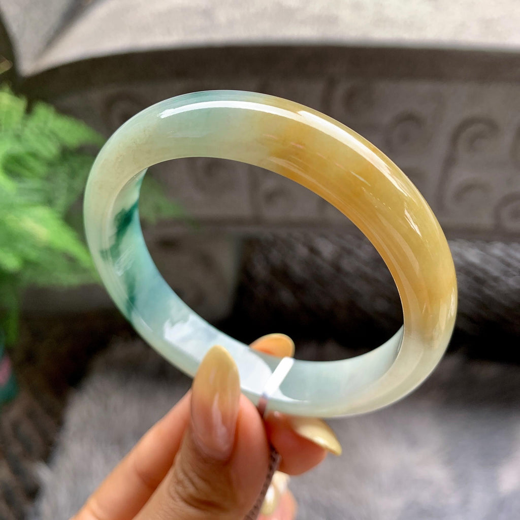 细糯种黄翡飘花正圈平安镯55圈 天然缅甸A货翡翠（yc481904）