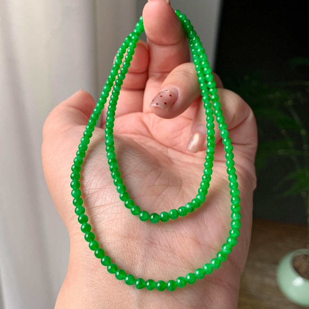 糯冰种阳绿小米珠链（161颗） 天然缅甸A货翡翠（yc355302）