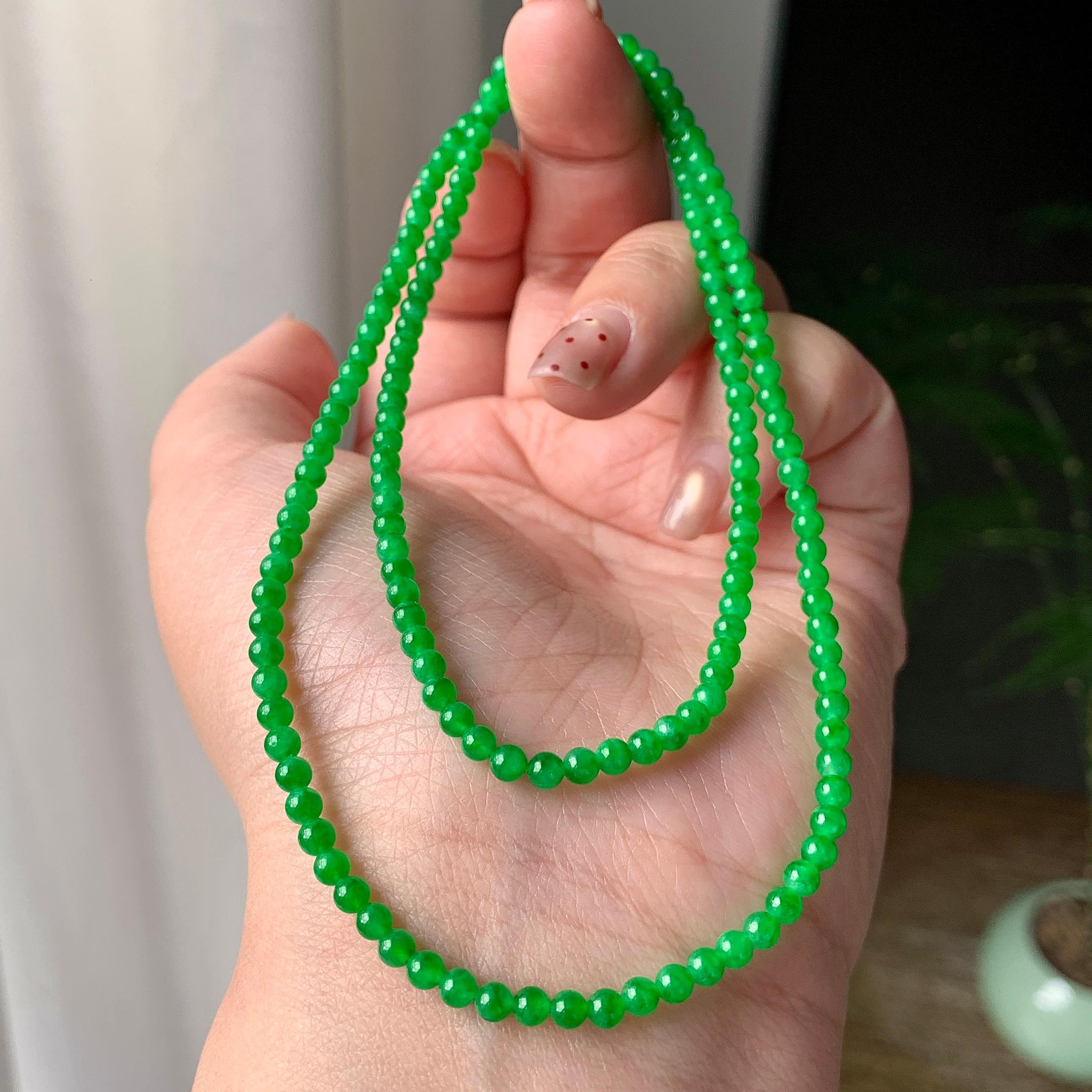 糯冰种阳绿小米珠链（161颗） 天然缅甸A货翡翠（yc355302）