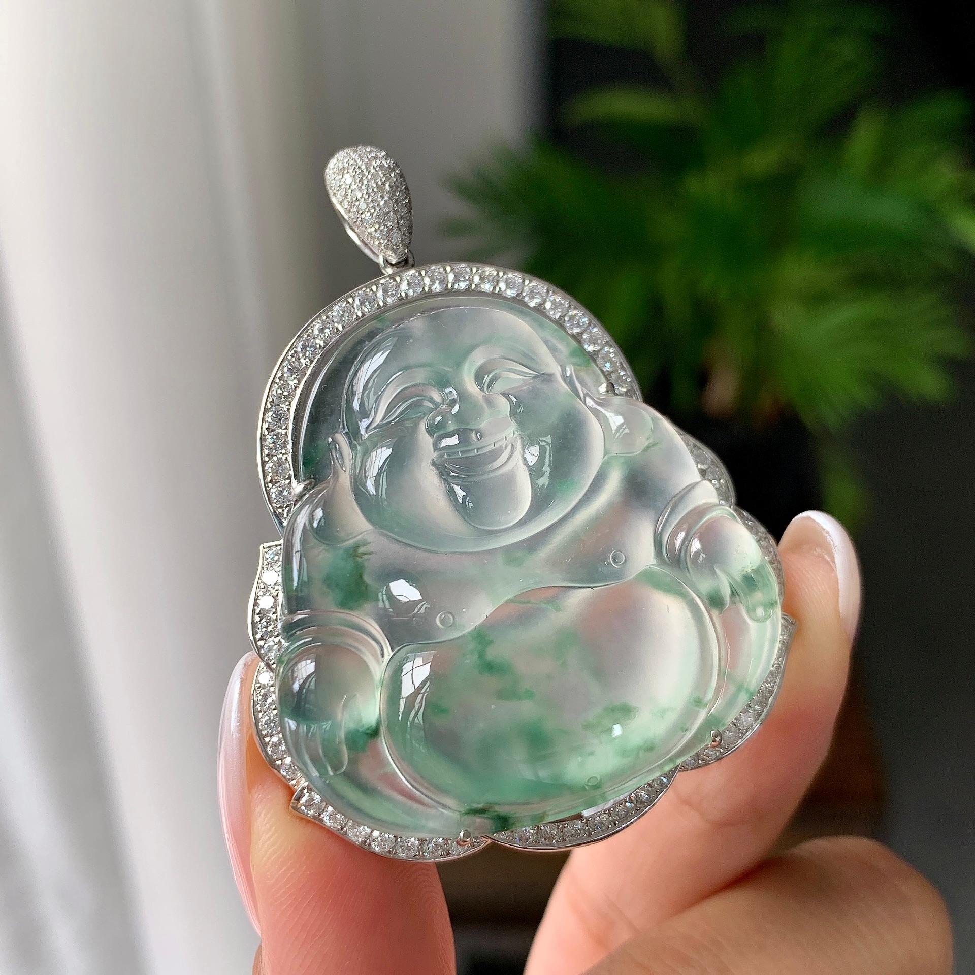 18k金钻镶冰种飘花佛公挂件（yc182089）