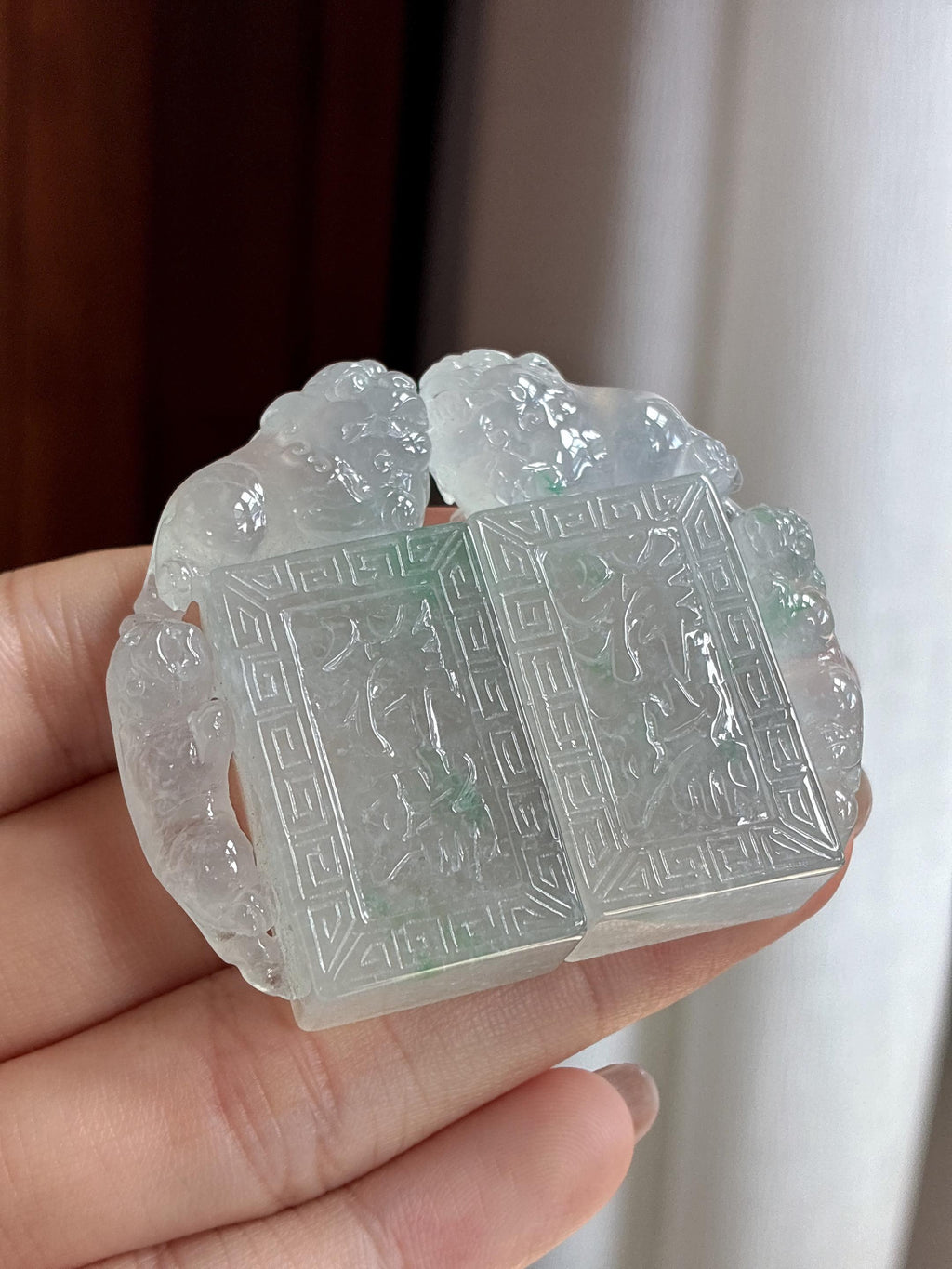冰种飘绿花貔貅印章 天然缅甸A货翡翠(一对)（yc456284）