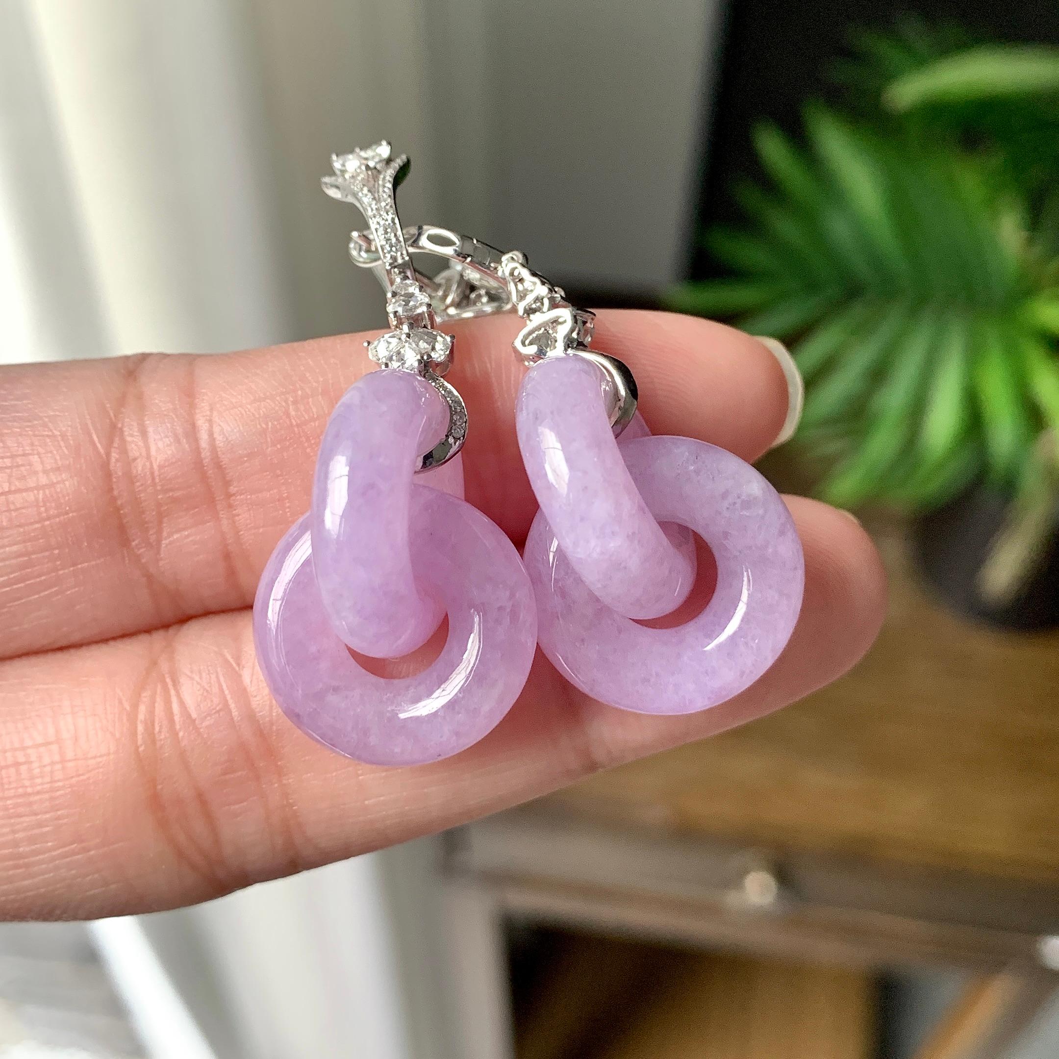 18K金钻镶糯冰种紫罗兰环环相扣耳坠（yc253840）