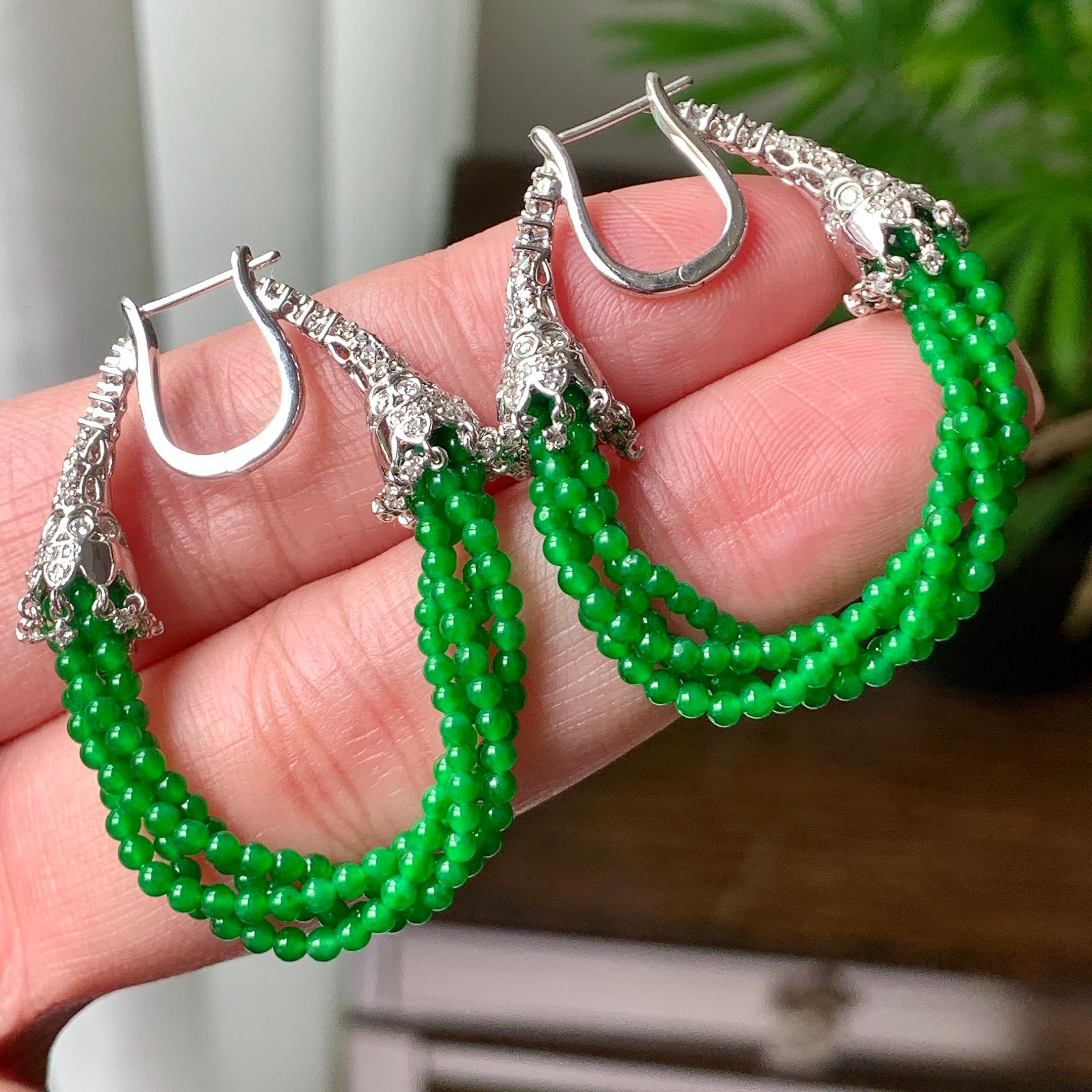 18K金钻镶糯冰种满绿小米珠耳坠 天然缅甸A货翡翠（yc362137）