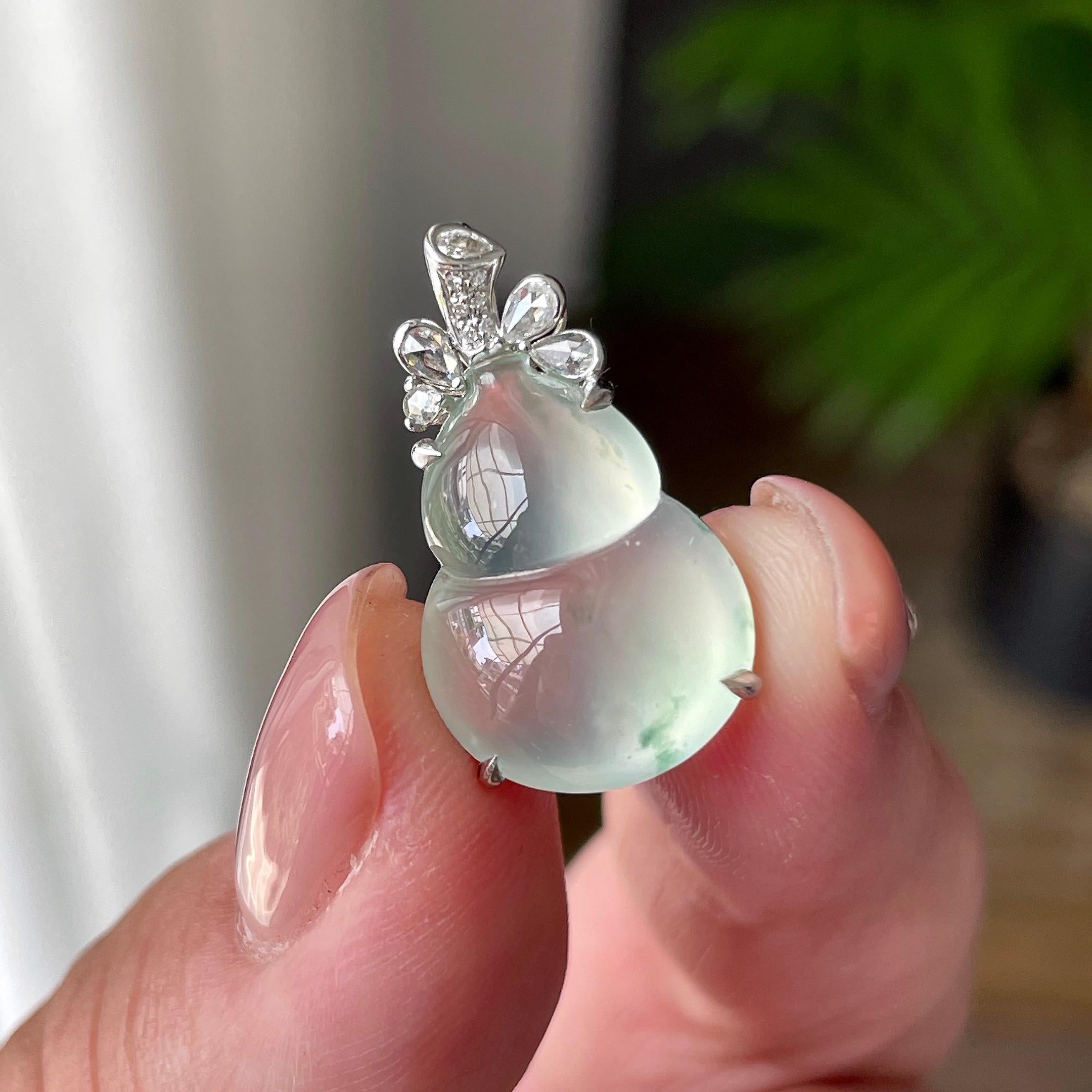 18K金钻镶冰种飘绿花葫芦吊坠 天然缅甸A货翡翠（yc480498）