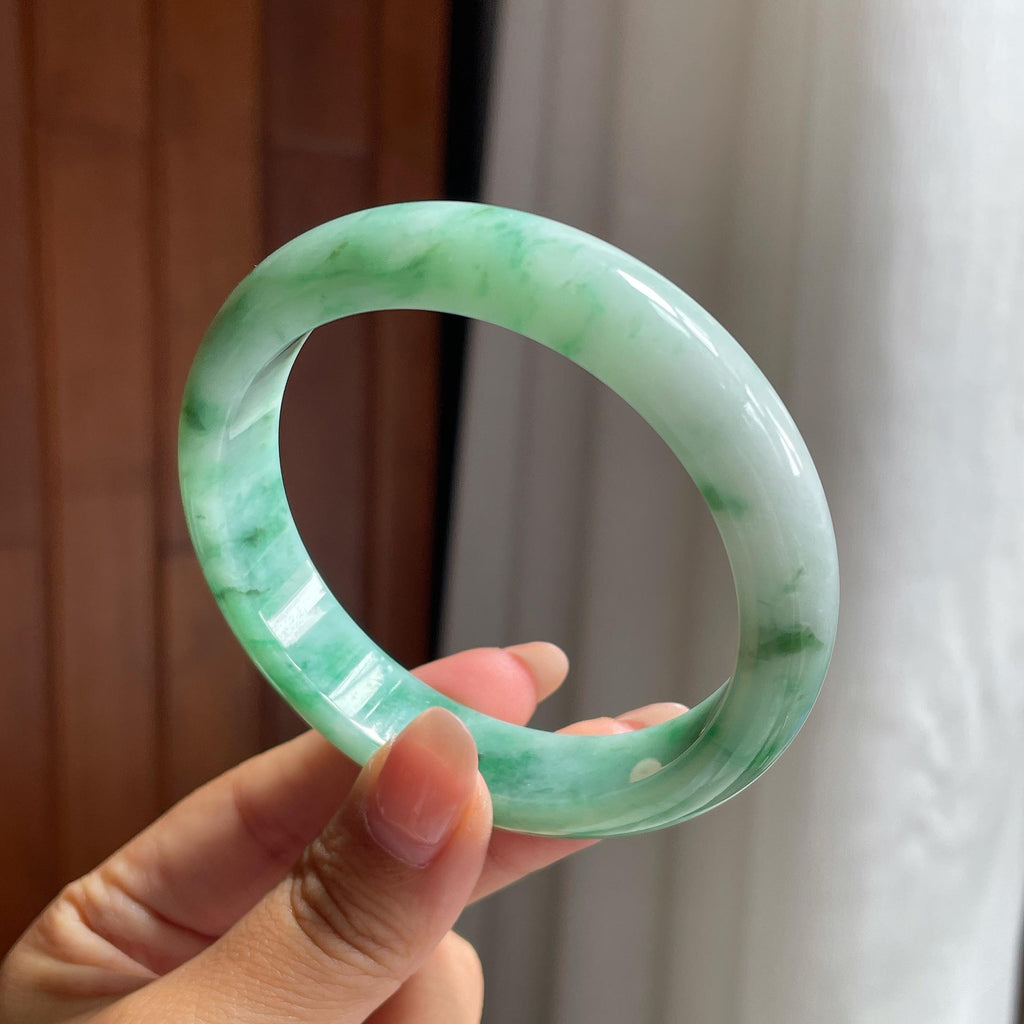糯冰带色正圈平安镯 58圈 天然缅甸A货翡翠（yc693791）