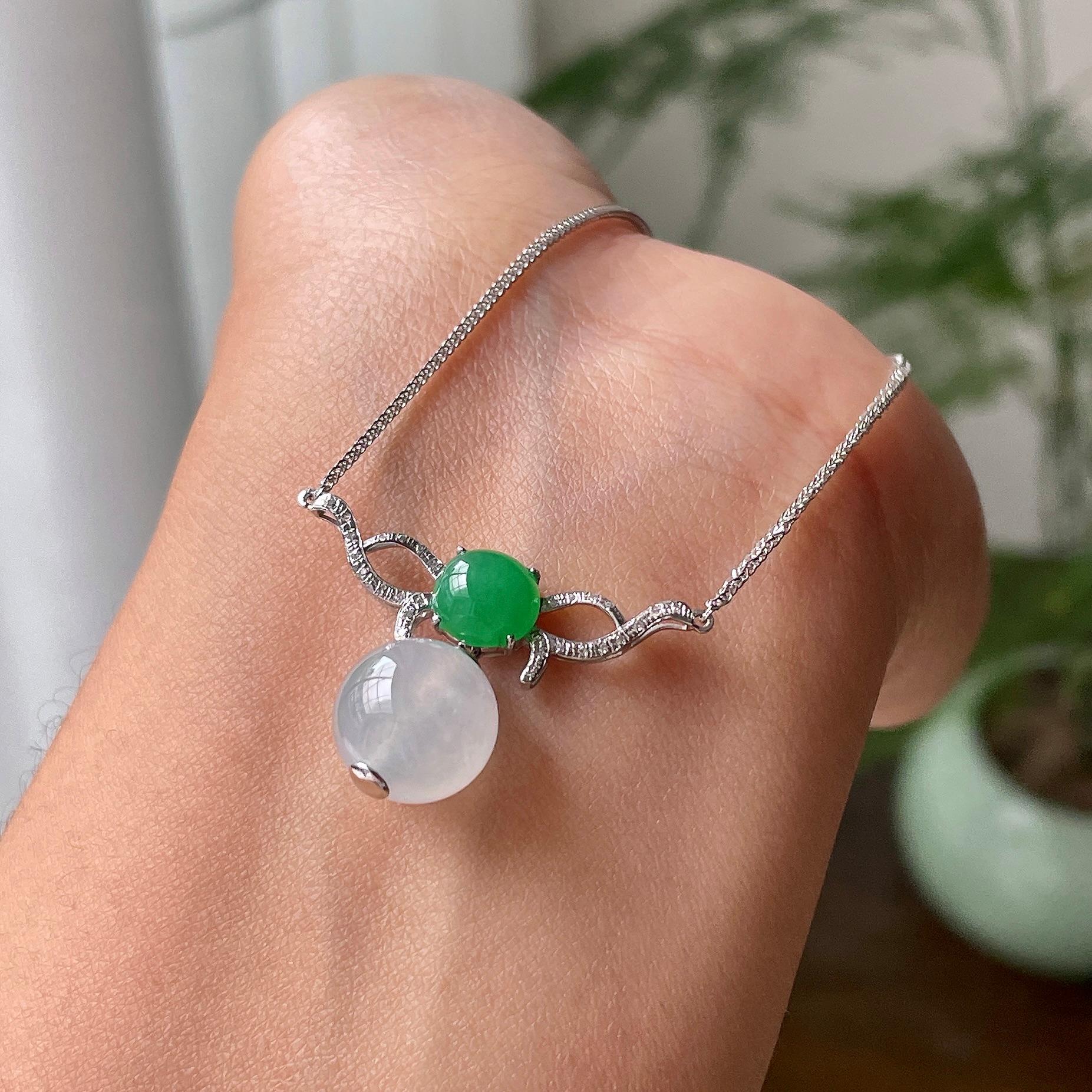 18k金钻镶糯冰种无色圆珠项链   天然缅甸A货翡翠（yc319028）