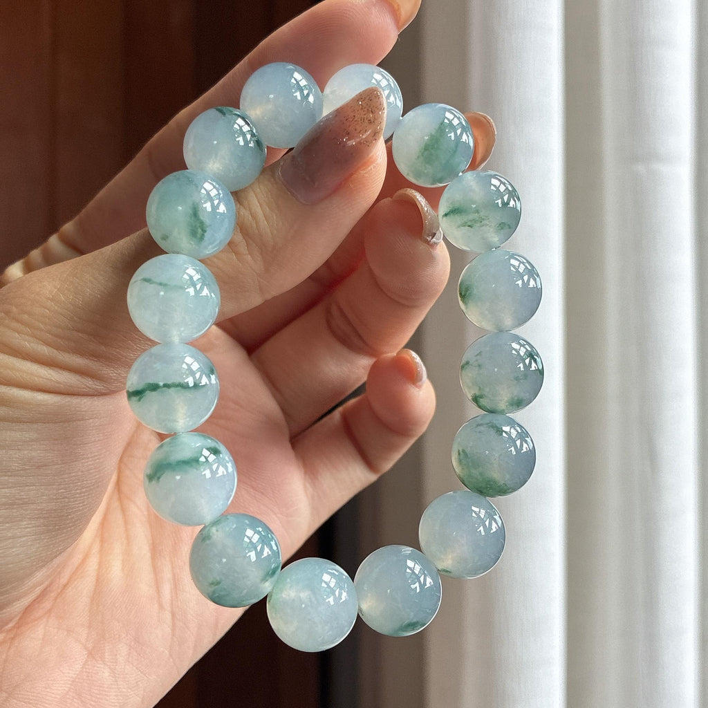 Vòng tay ngọc phỉ thúy tự nhiên Miến Điện loại A, vân hoa trên nền đá bán trong (yc451546)