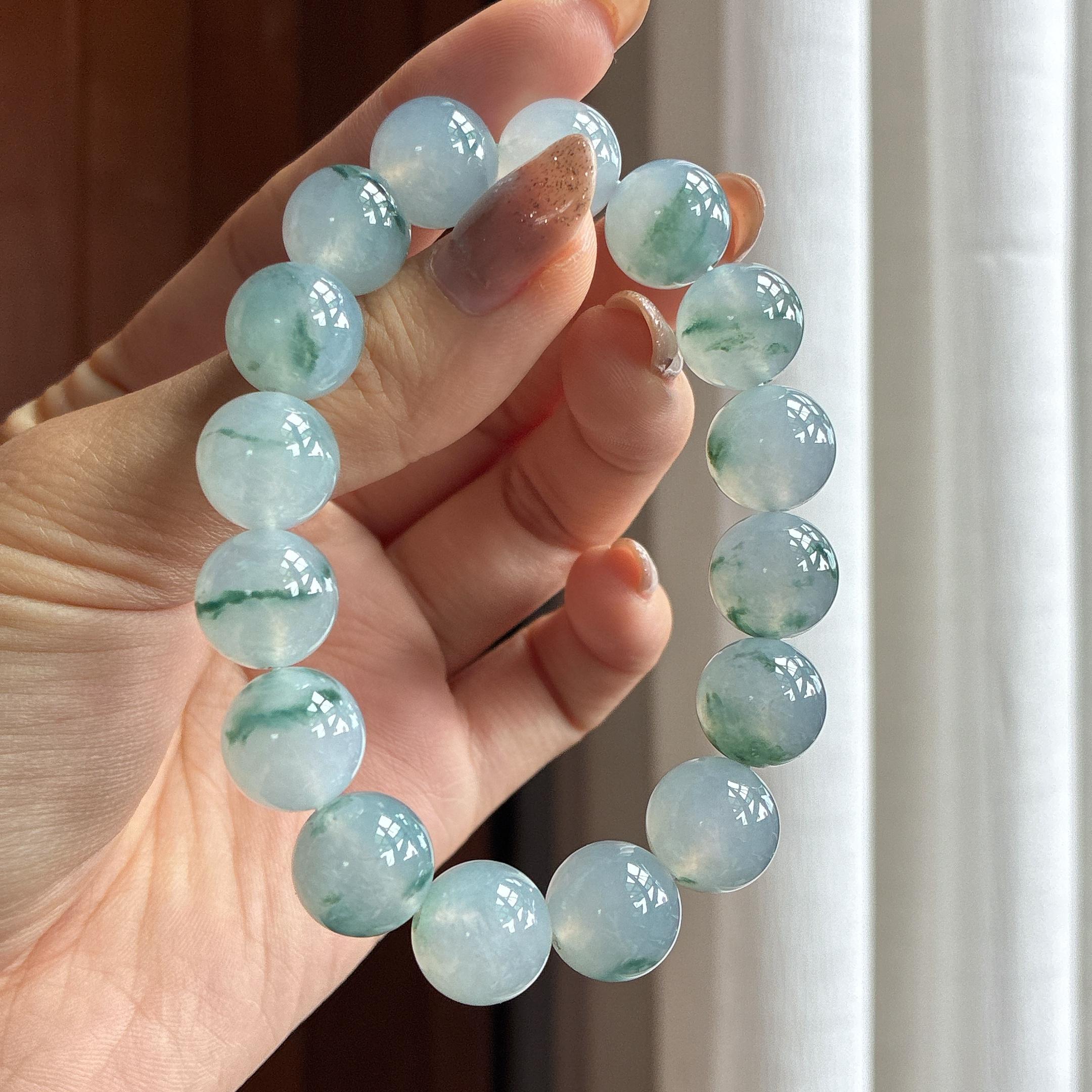 Vòng tay ngọc phỉ thúy tự nhiên Miến Điện loại A, vân hoa trên nền đá bán trong (yc451546)
