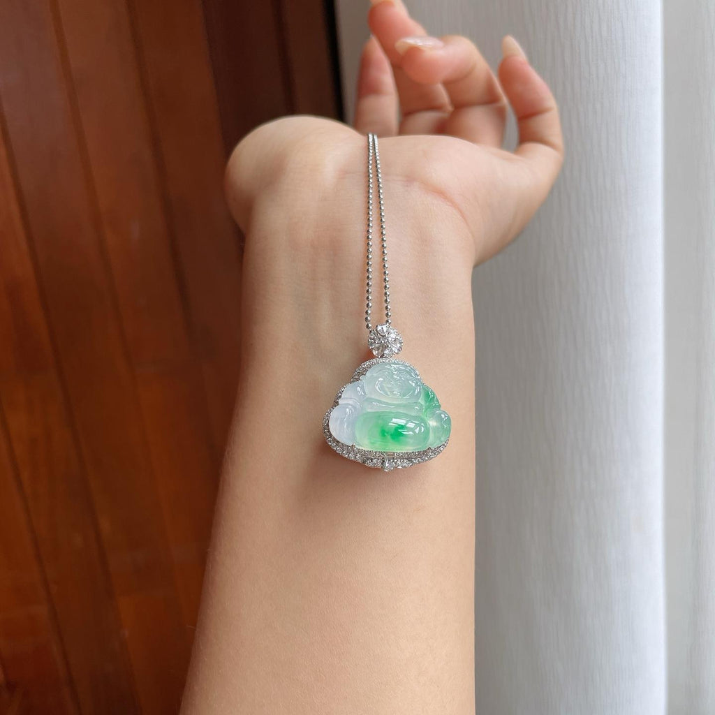 18k金镶冰种飘绿花翡翠佛公（yc247161）