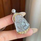 18k金钻镶冰种无色雪花棉翡翠财神爷吊坠（yc265789）