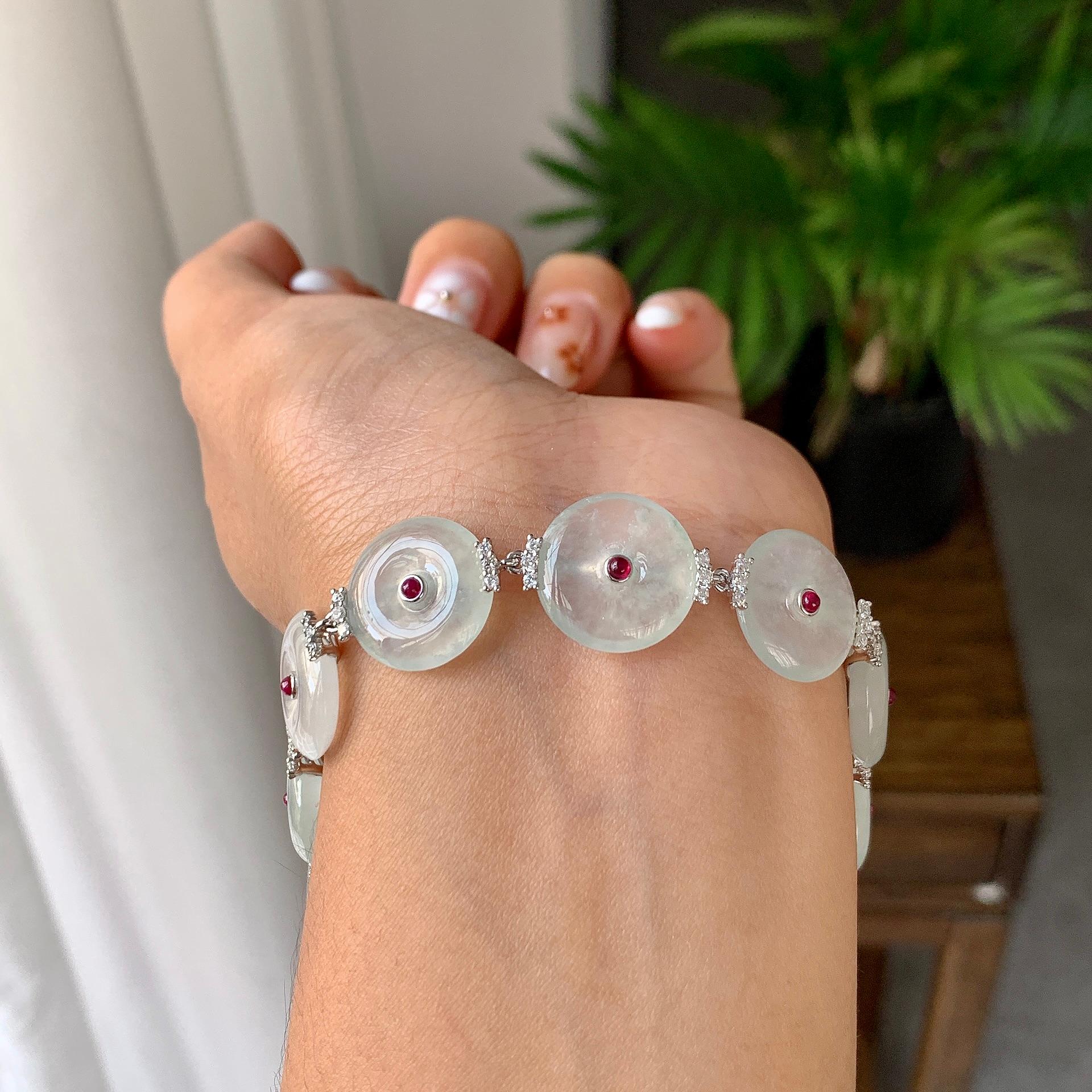 18K金钻镶糯冰种无色平安扣手链（yc246598）