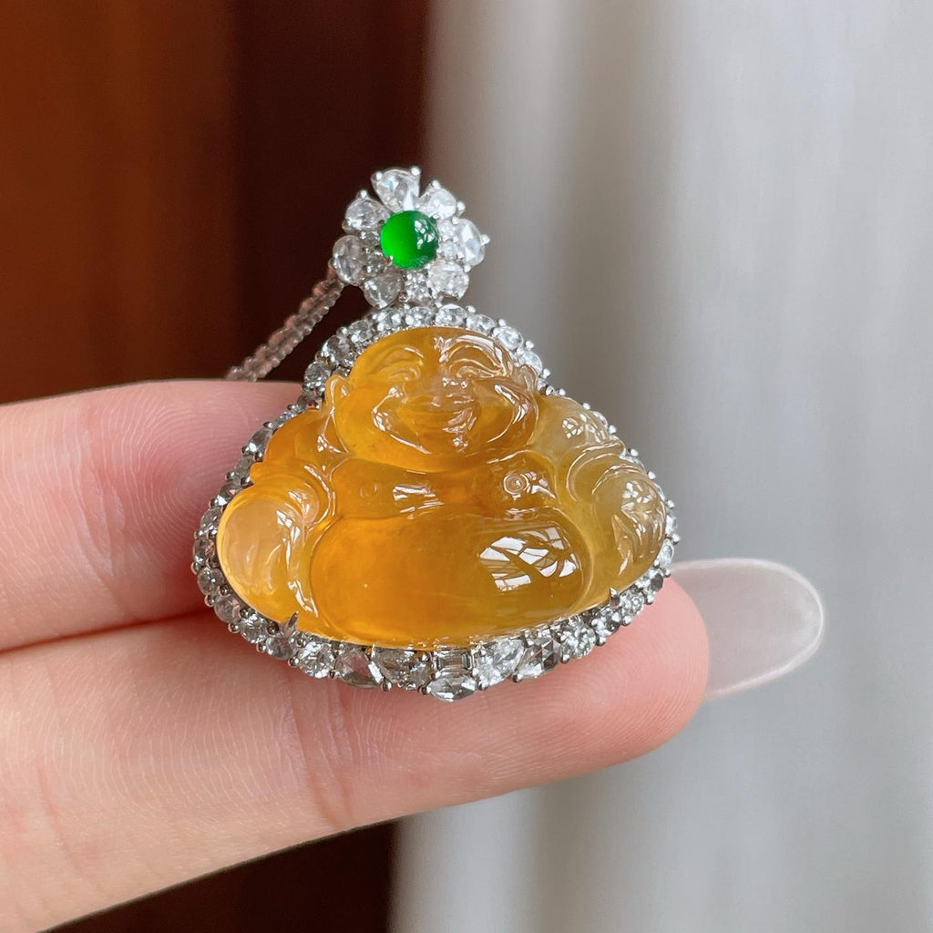 18k金钻镶冰种黄翡翡翠佛公（yc263546）