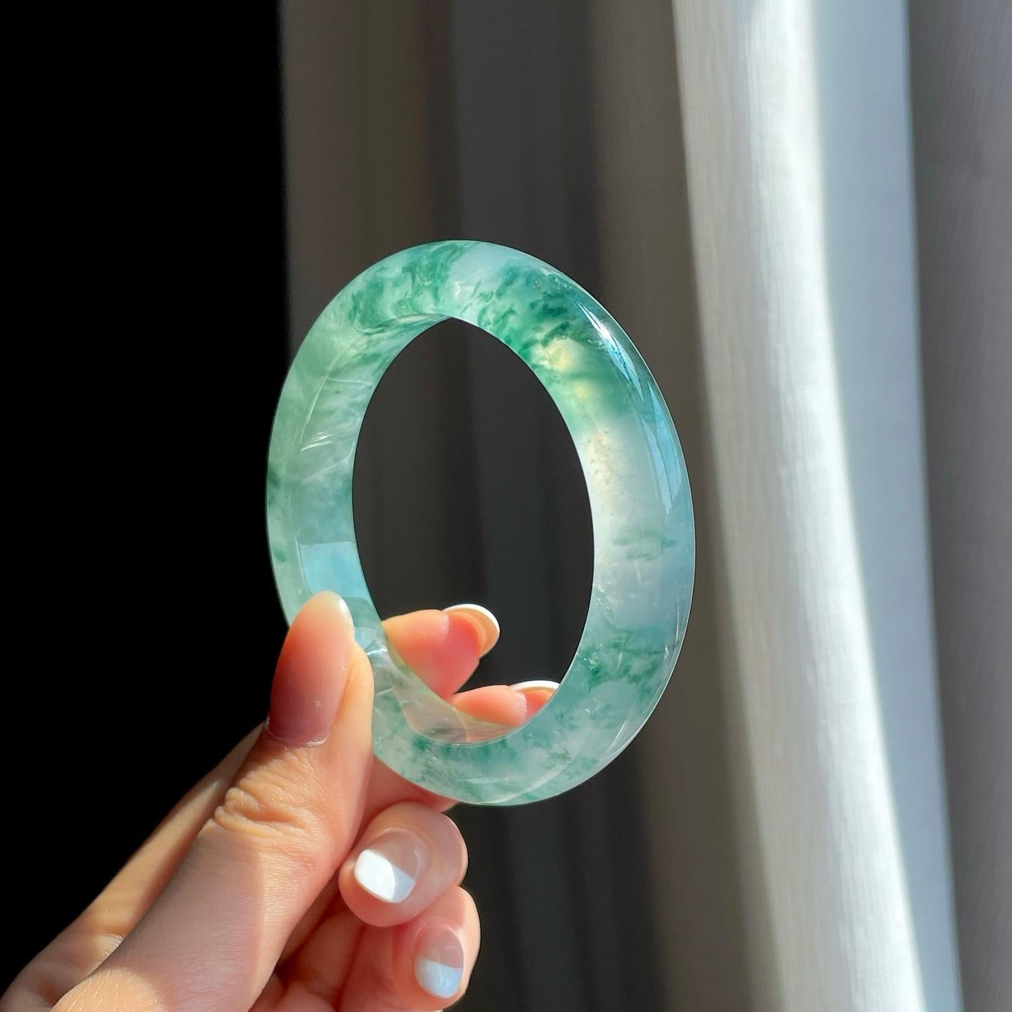 冰玻种飘花翡翠平安镯（52.5mm)（yc374857）