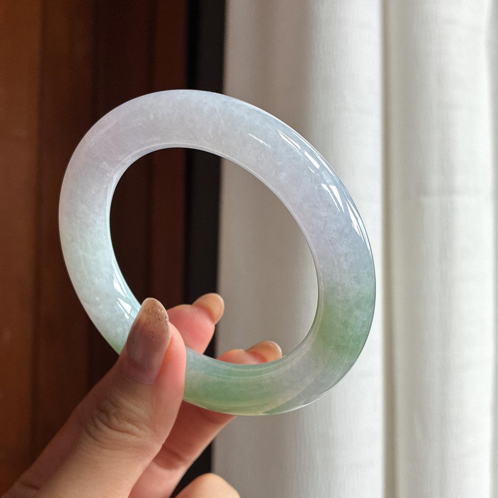 糯冰春带彩圆条手镯 57圈 天然缅甸A货翡翠（yc457798）