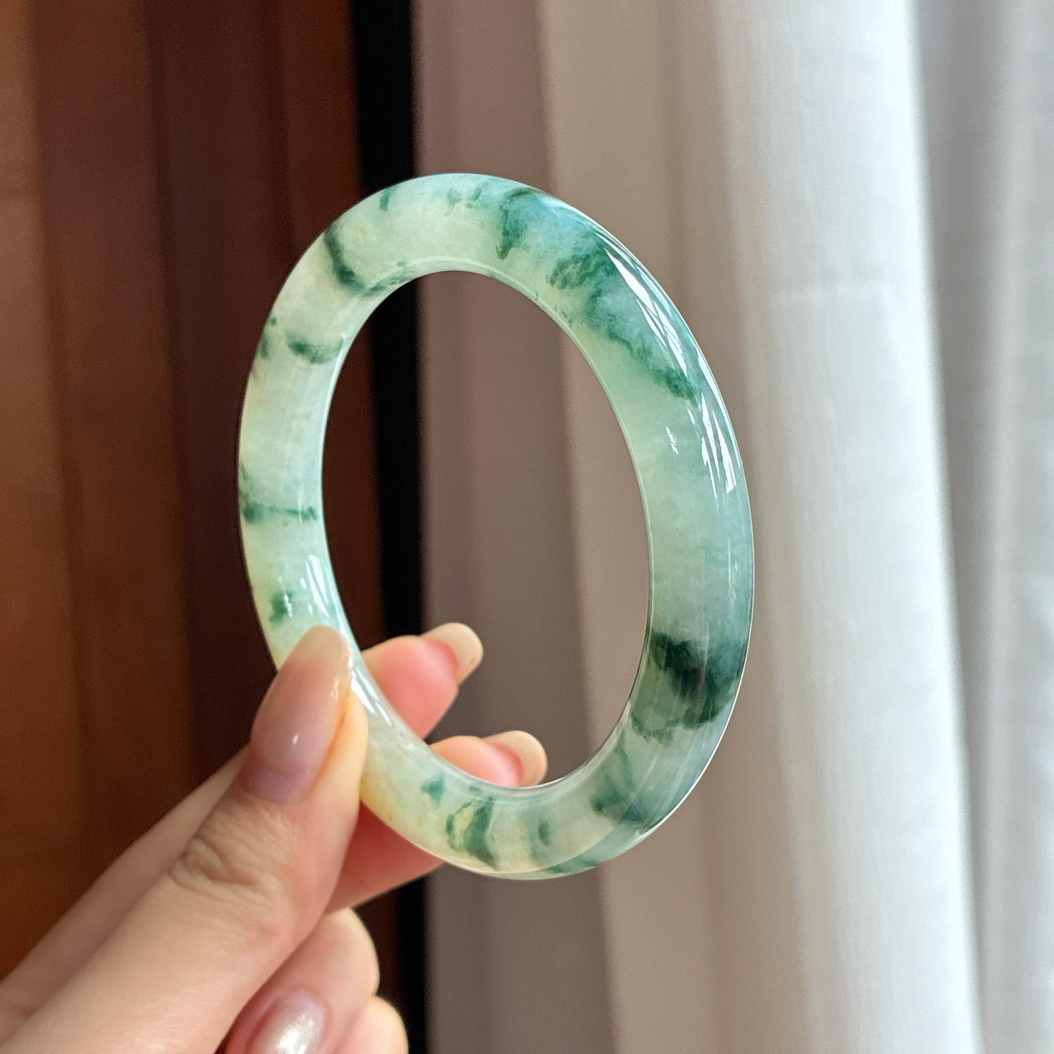 糯冰飘花特色圆条手镯 56圈 天然缅甸A货翡翠（yc453846）