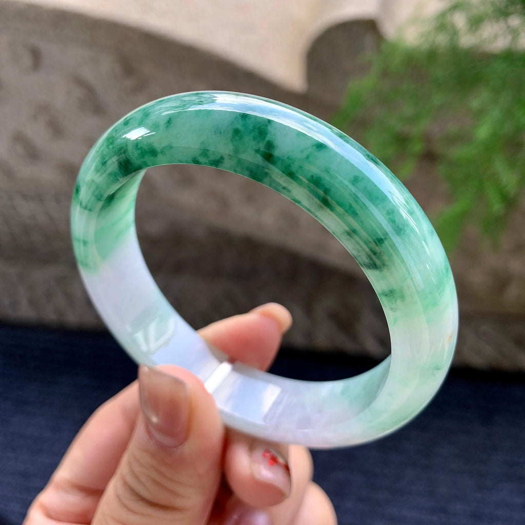 细糯种飘绿花正圈平安镯 56.8圈口 天然缅甸A货翡翠（yc352943）