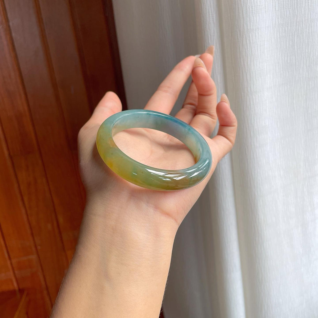 糯冰黄翡特色翡翠平安镯（54.7mm）（yc240480）