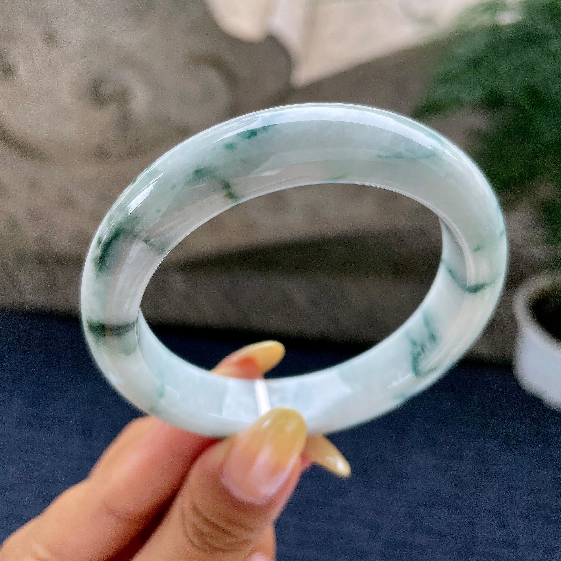 大圈口 细糯种飘花正圈平安镯58.1圈 天然缅甸A货翡翠（yc481919）