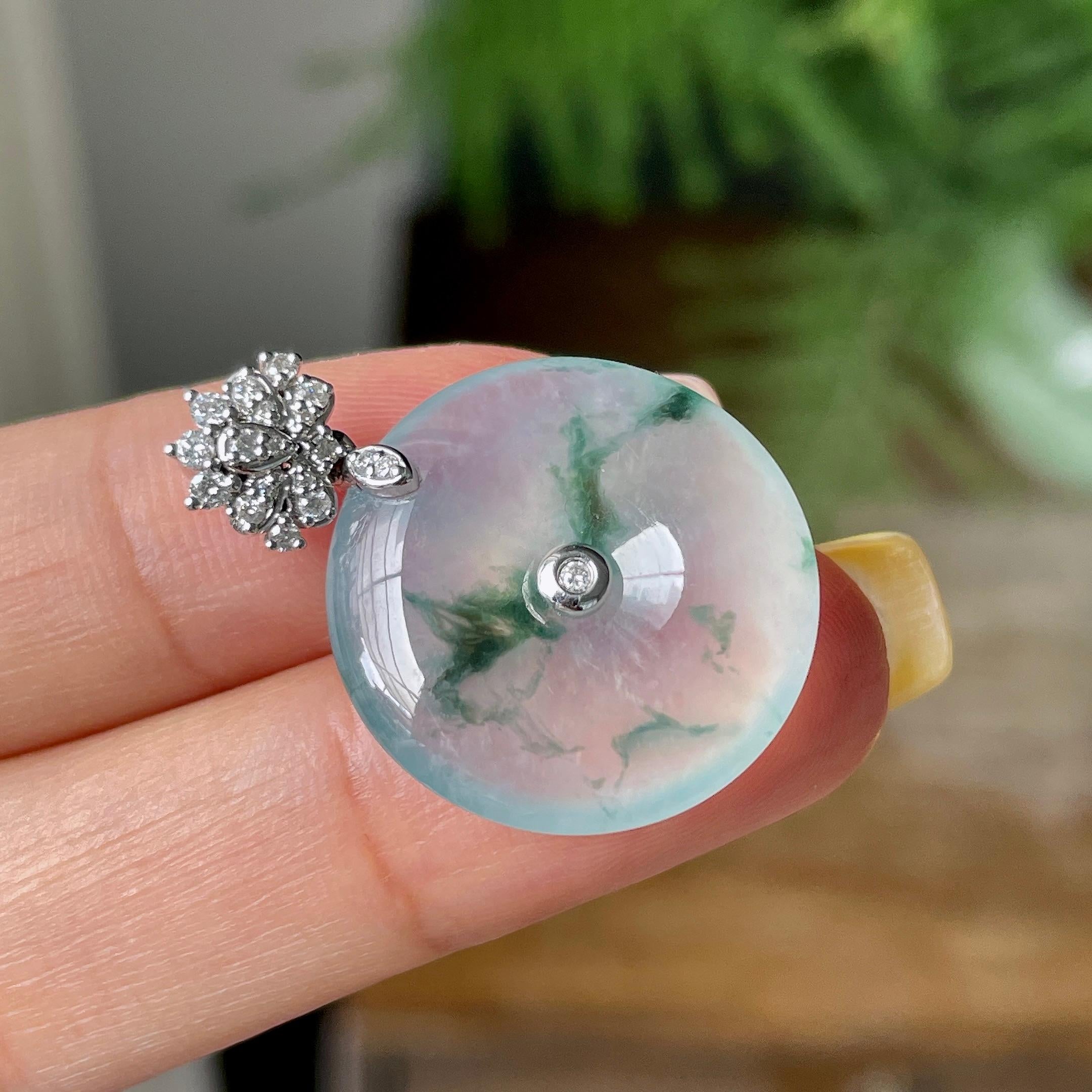 18k金钻镶冰种飘蓝花平安扣吊坠    天然缅甸A货翡翠（yc362098）