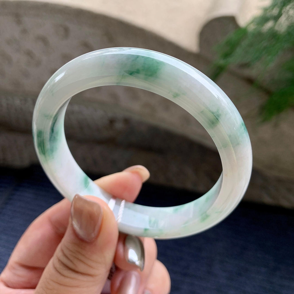 大圈口  细糯种飘绿花正圈平安镯  58圈口  天然缅甸A货翡翠（yc423806）