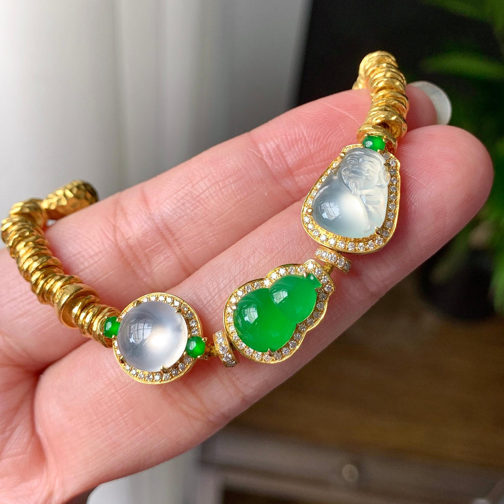 18K金钻+黄金镶糯冰种多彩盘缠手链（yc224991）