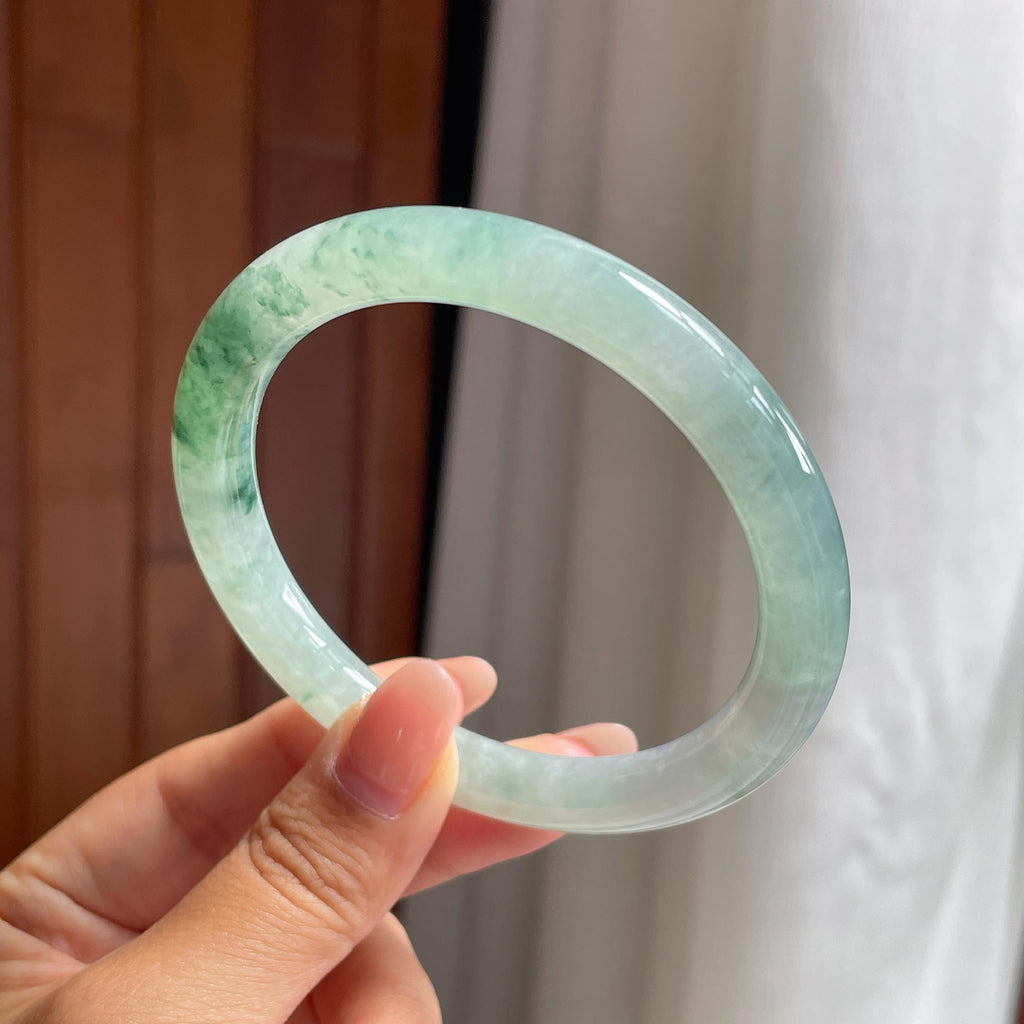 糯冰飘花圆条手镯 58圈 天然缅甸A货翡翠（yc693795）