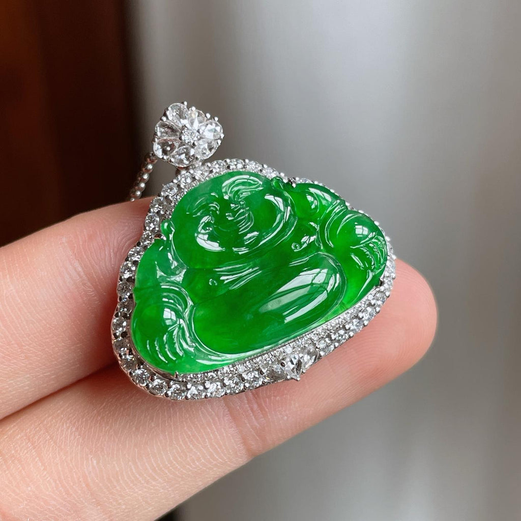 18k金镶冰种满绿翡翠佛公（yc250569）