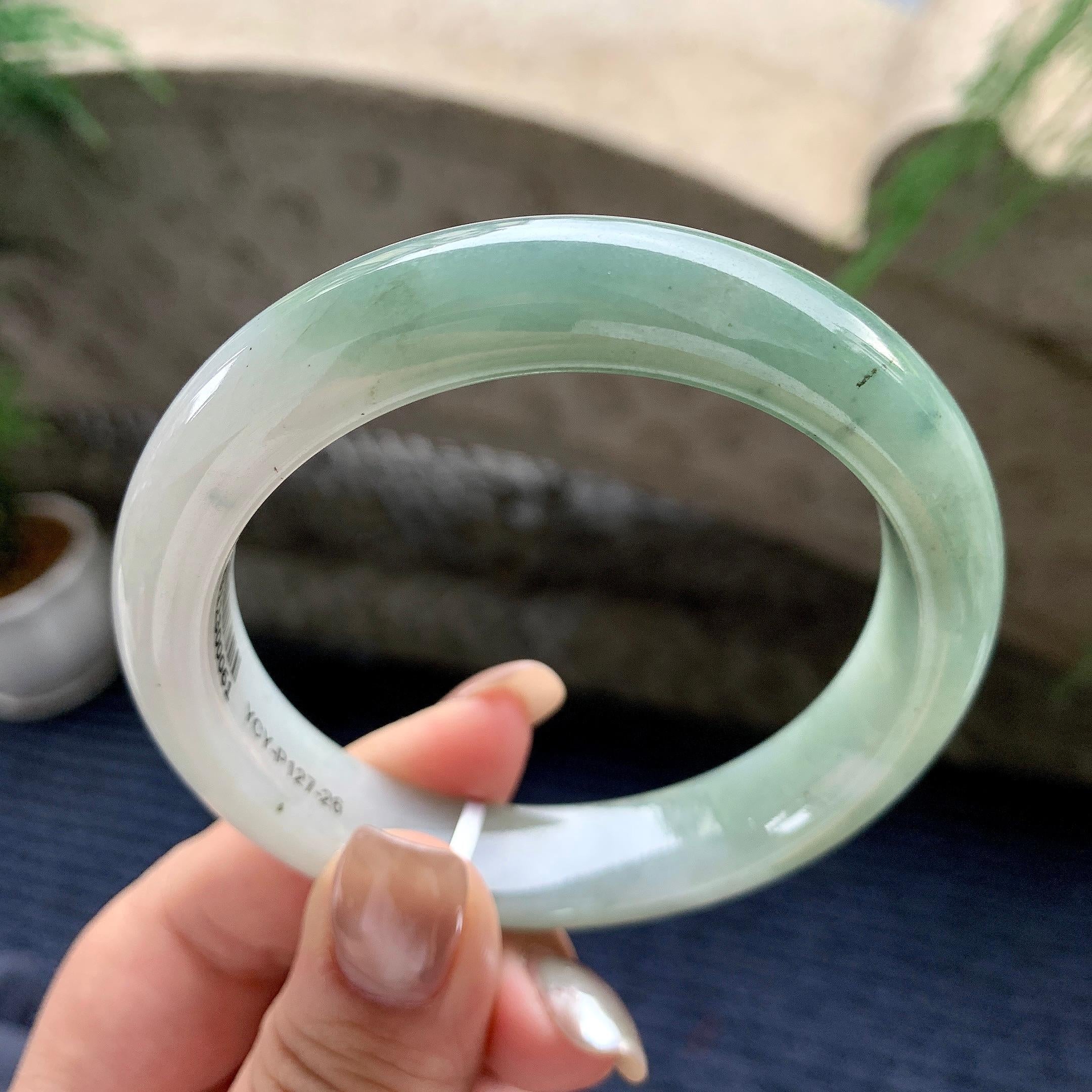 大圈口  细糯种油青半山水正圈平安镯  59圈口  天然缅甸A货翡翠（yc436241）