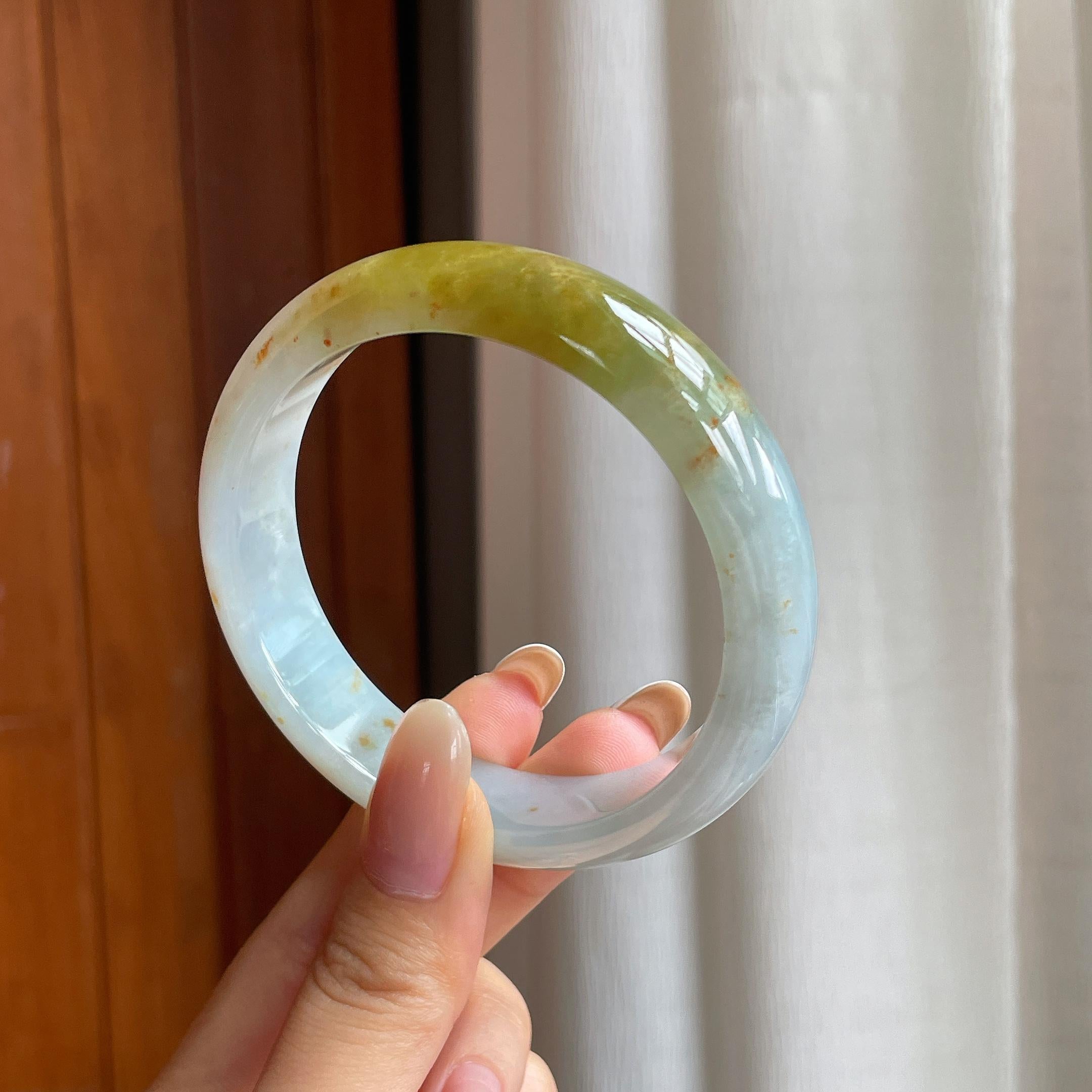 糯冰黄翡宽版翡翠平安镯（58mm)（yc417334）