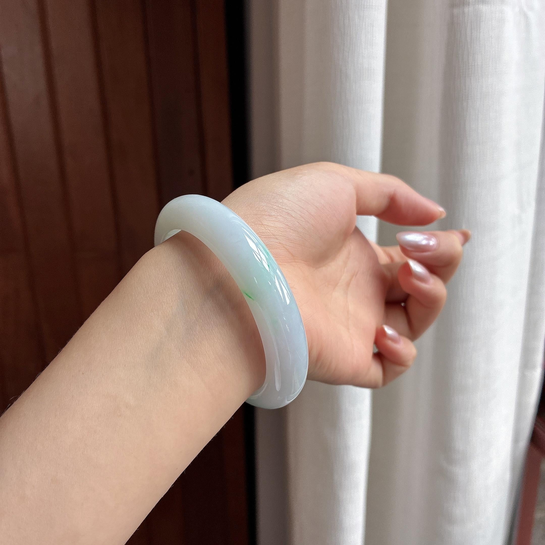 糯冰飘绿花正圈平安镯 56圈 天然缅甸A货翡翠（yc530473）