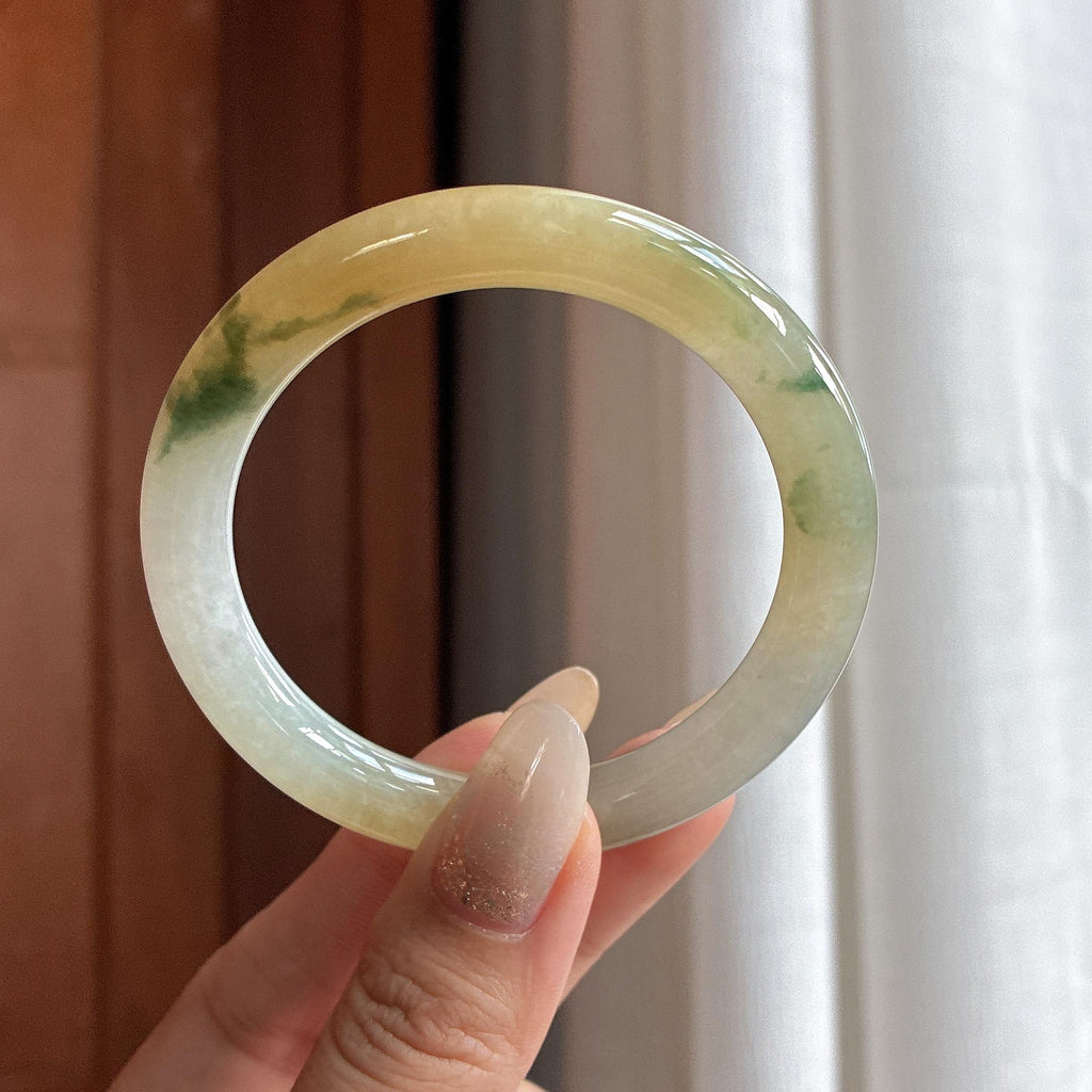 糯冰飘花黄翡特色圆条手镯 52圈 天然缅甸A货翡翠（yc484800）