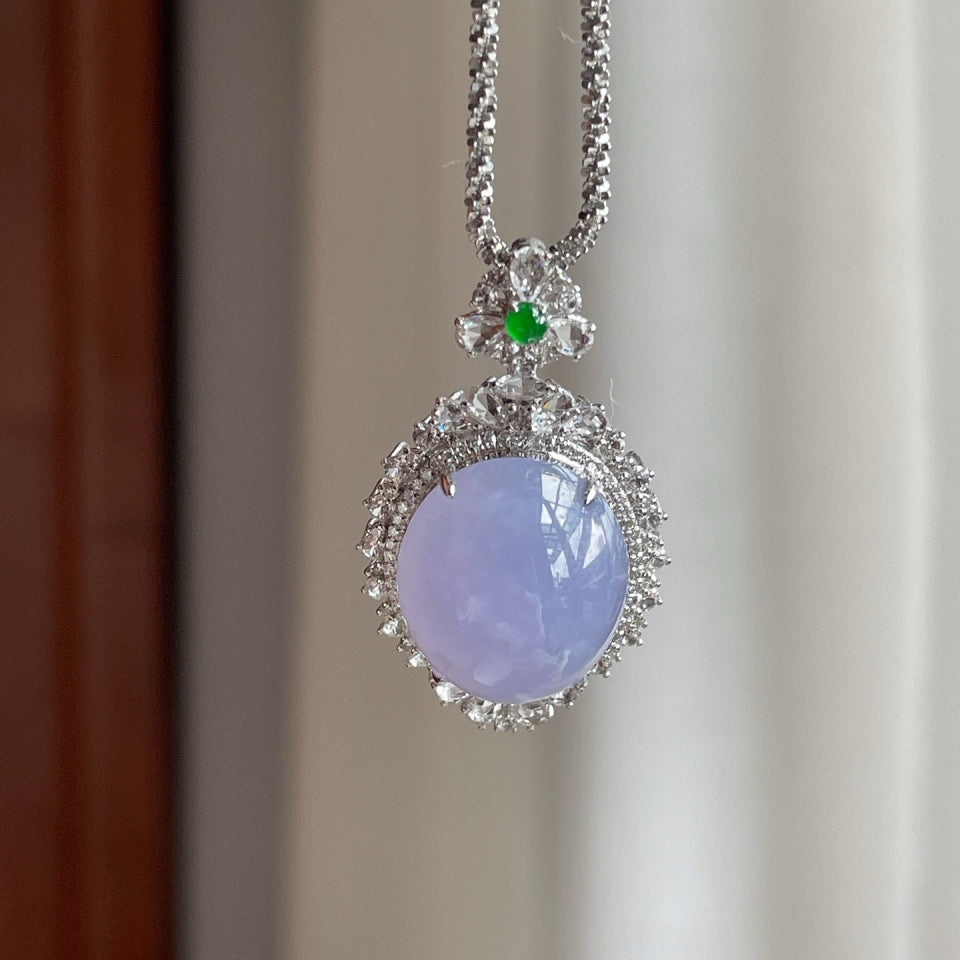 18k金钻镶糯冰种紫罗兰翡翠蛋面吊坠（yc174455）