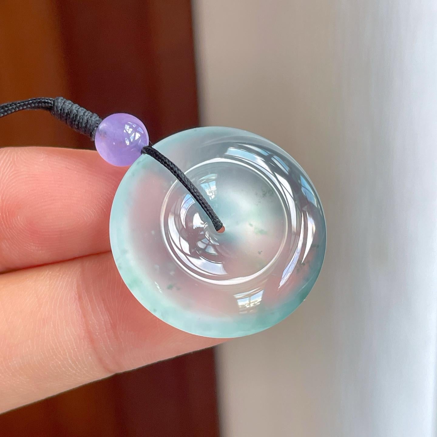 冰玻种飘蓝花翡翠平安扣（yc257256）