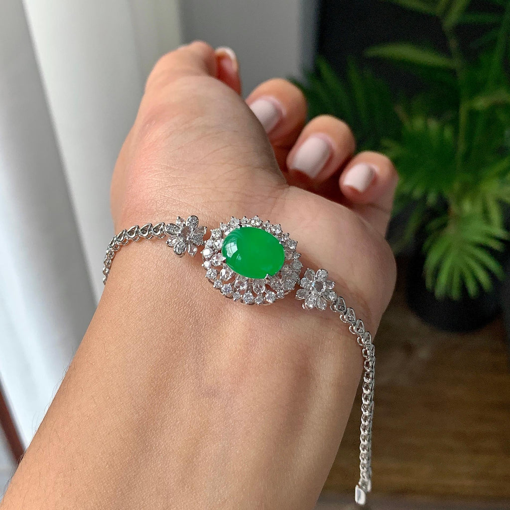 18k金钻镶糯冰种满绿蛋面戒指/手链（两用款）（yc231038）