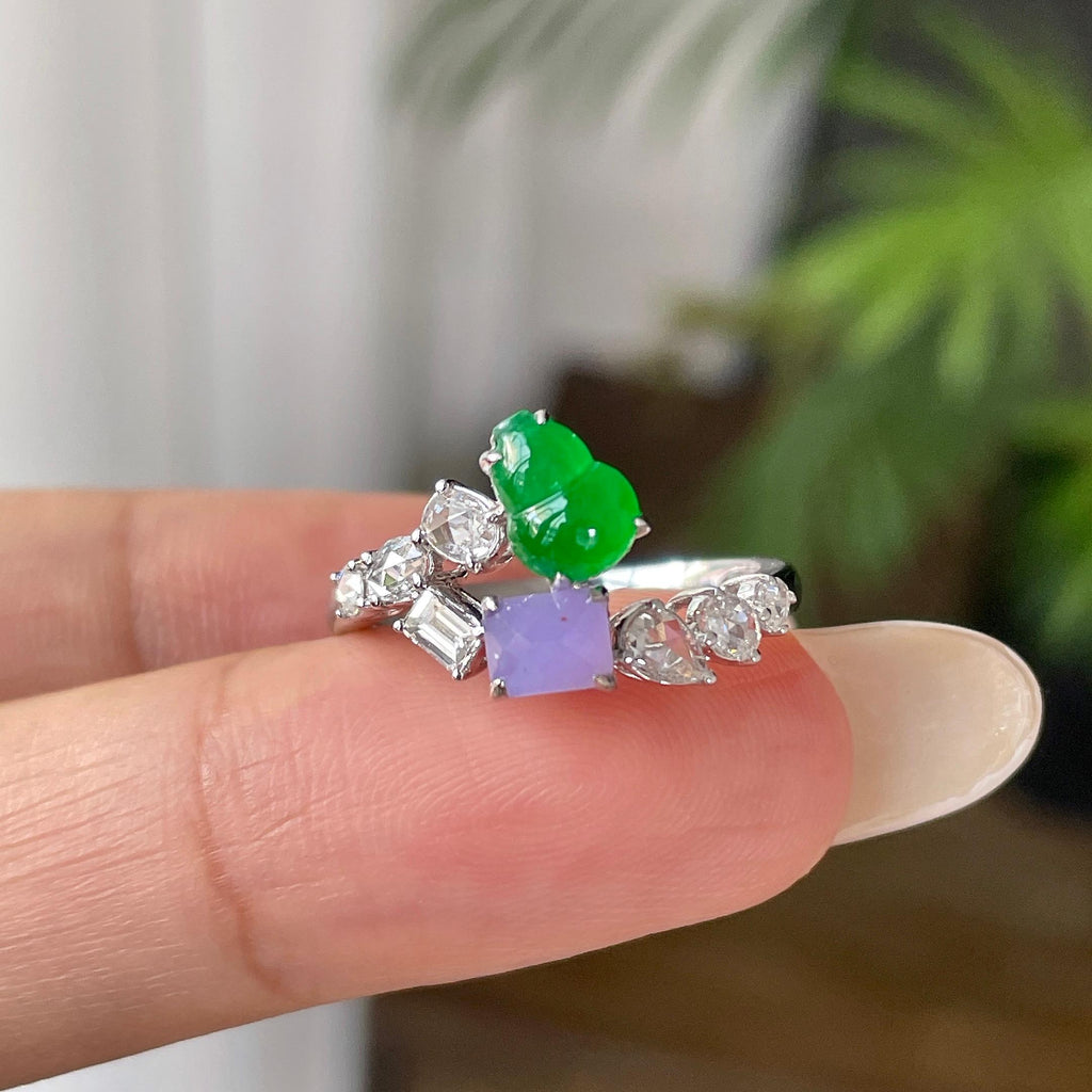 18k金钻镶冰种多彩葫芦戒指     天然缅甸A货翡翠（yc421299）