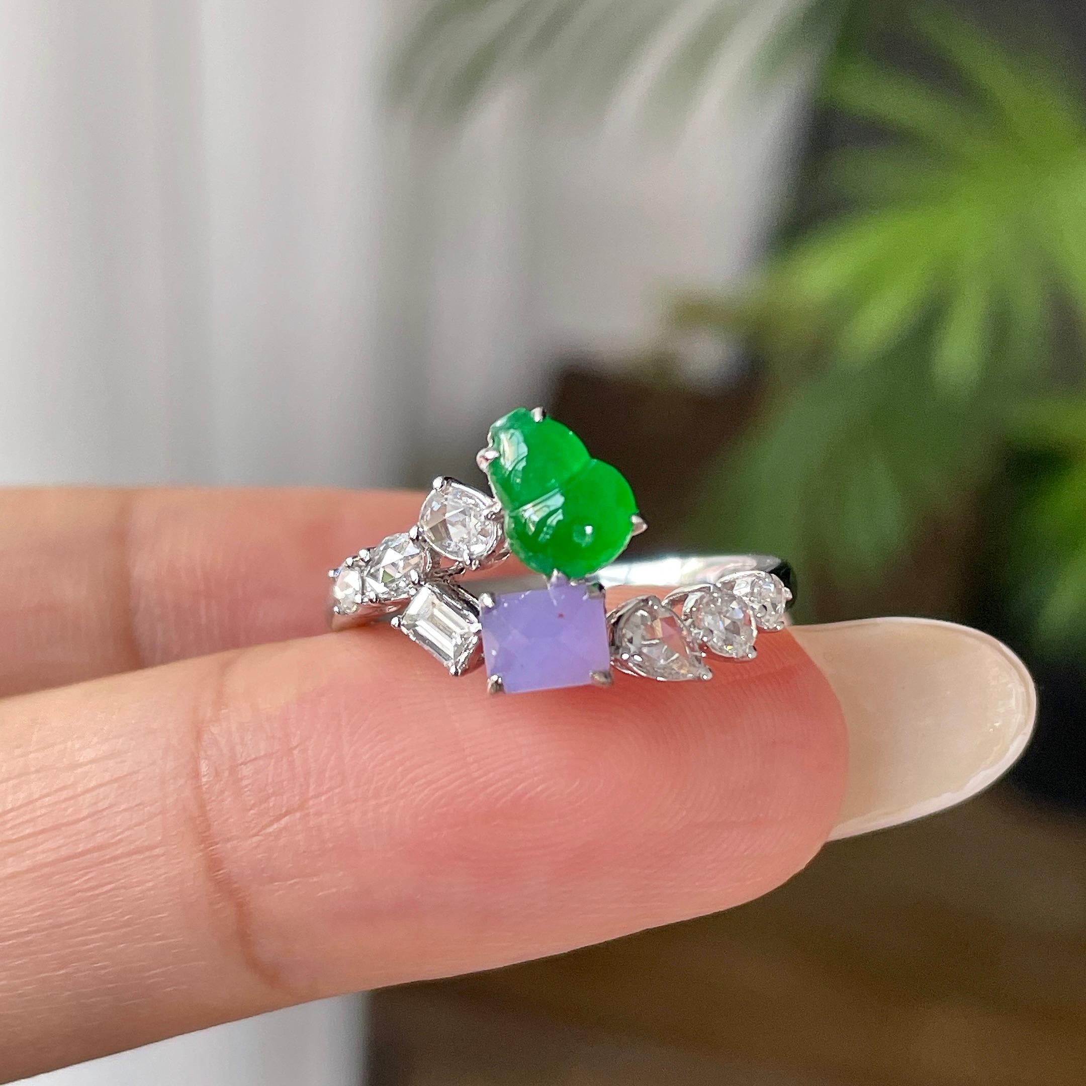 18k金钻镶冰种多彩葫芦戒指     天然缅甸A货翡翠（yc421299）