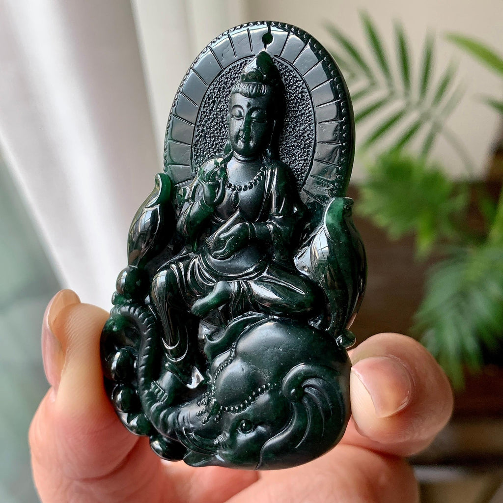细糯种墨翠普贤菩萨挂件 天然缅甸A货翡翠（yc351361）