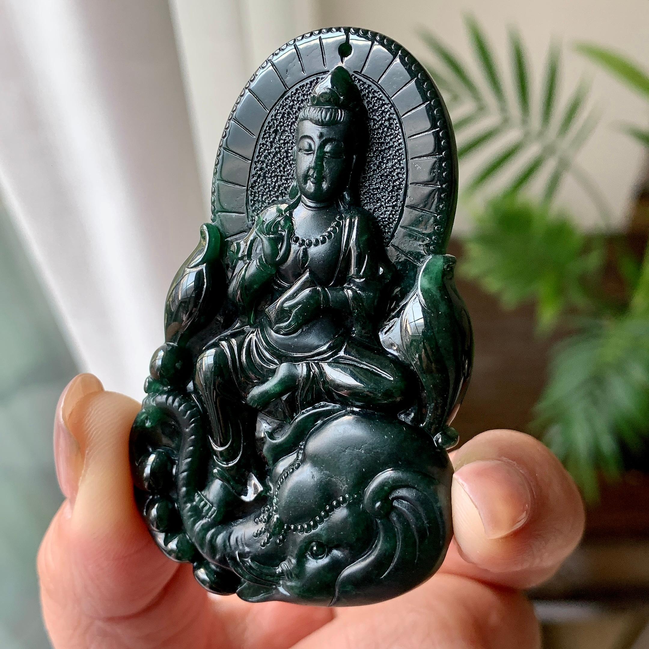 细糯种墨翠普贤菩萨挂件 天然缅甸A货翡翠（yc351361）