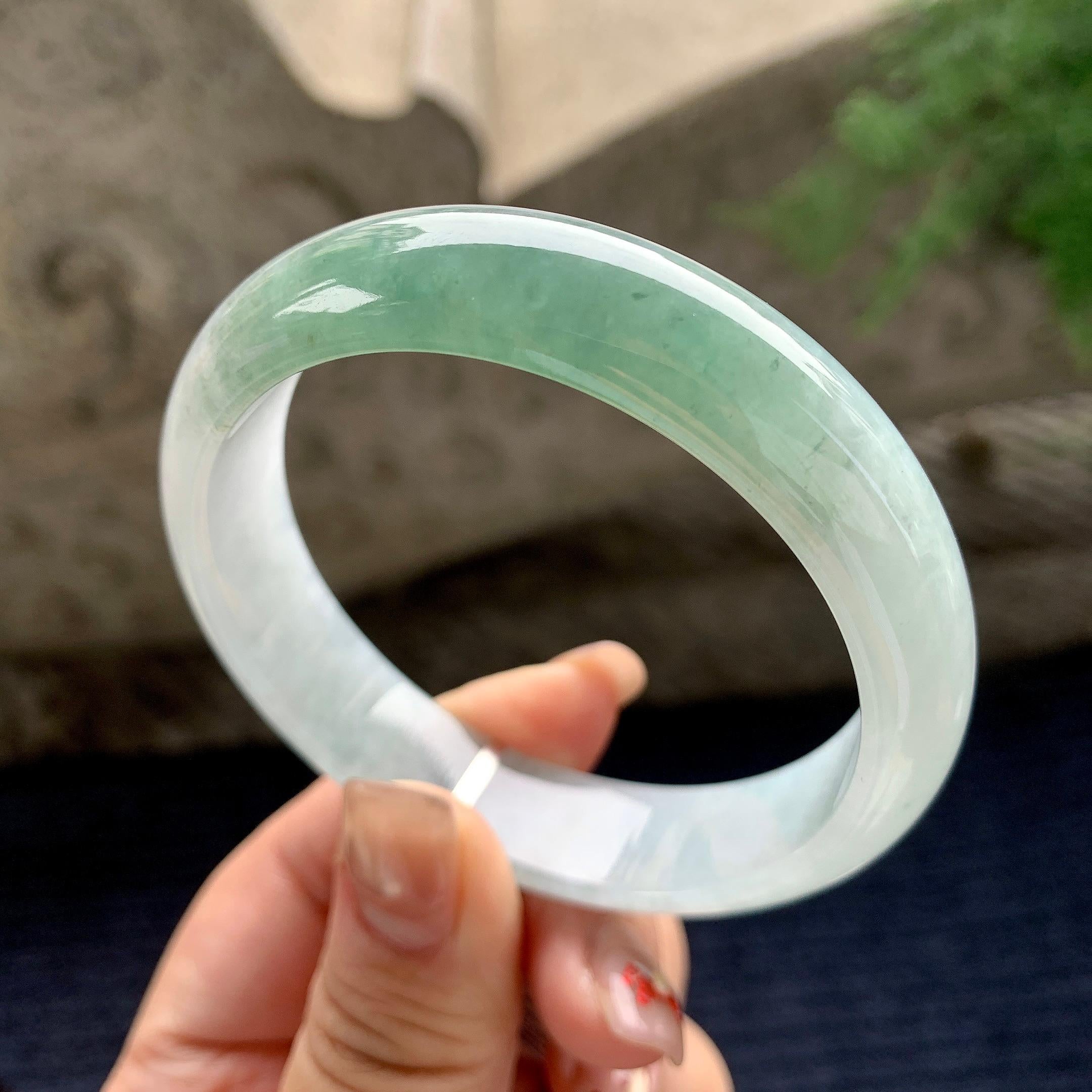 大圈口 细糯种油青半山水正圈平安镯 58.3圈口 天然缅甸A货翡翠（yc358876）