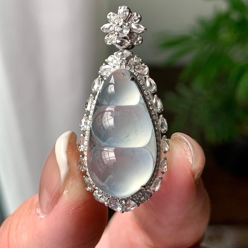 18K金钻镶冰种无色福豆吊坠  天然缅甸A货翡翠（yc363801）