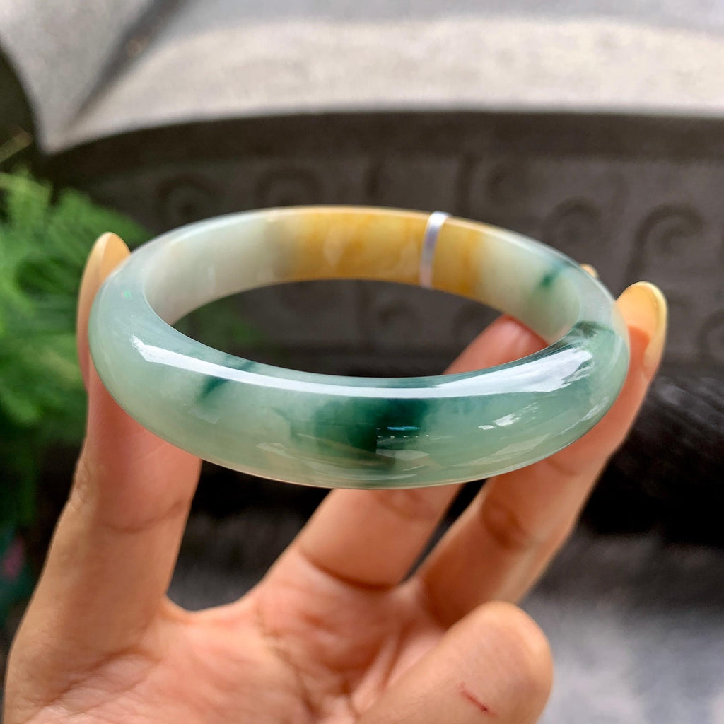 细糯种黄翡飘花正圈平安镯55圈 天然缅甸A货翡翠（yc481904）