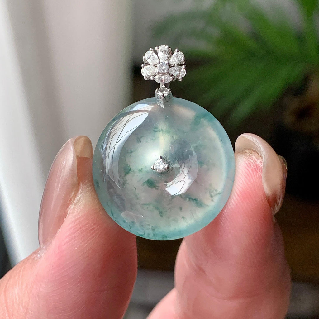 18K金钻镶冰种飘蓝花平安扣吊坠  天然缅甸A货翡翠（yc430737）