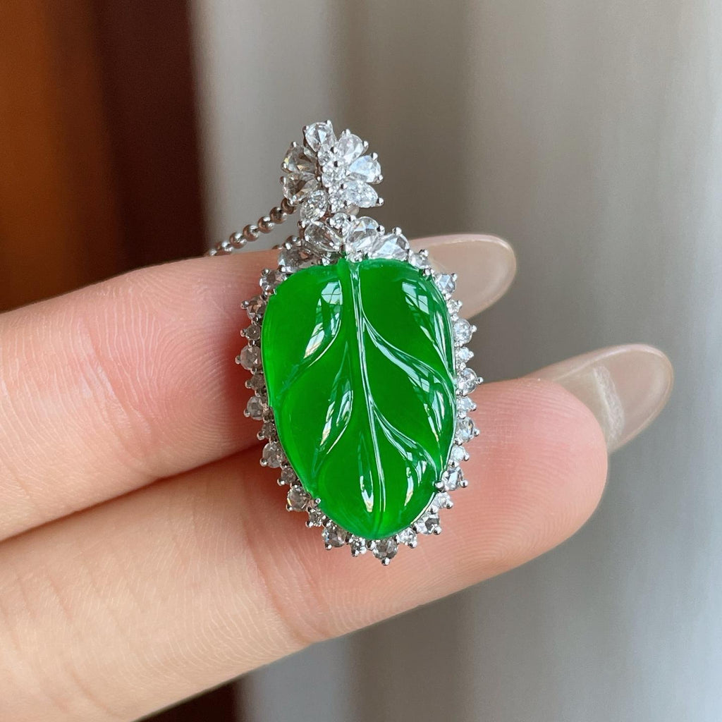 18k金镶冰种满绿翡翠叶子（yc246210）