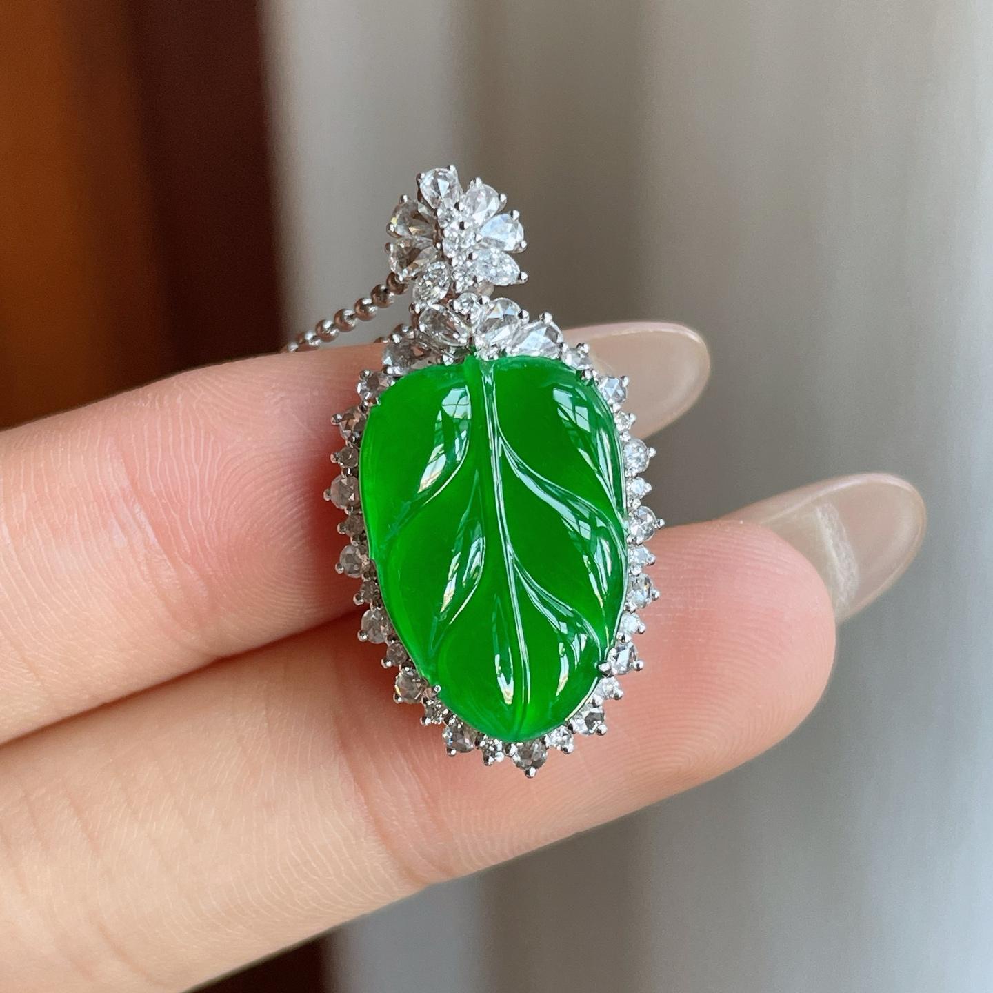 18k金镶冰种满绿翡翠叶子（yc246210）