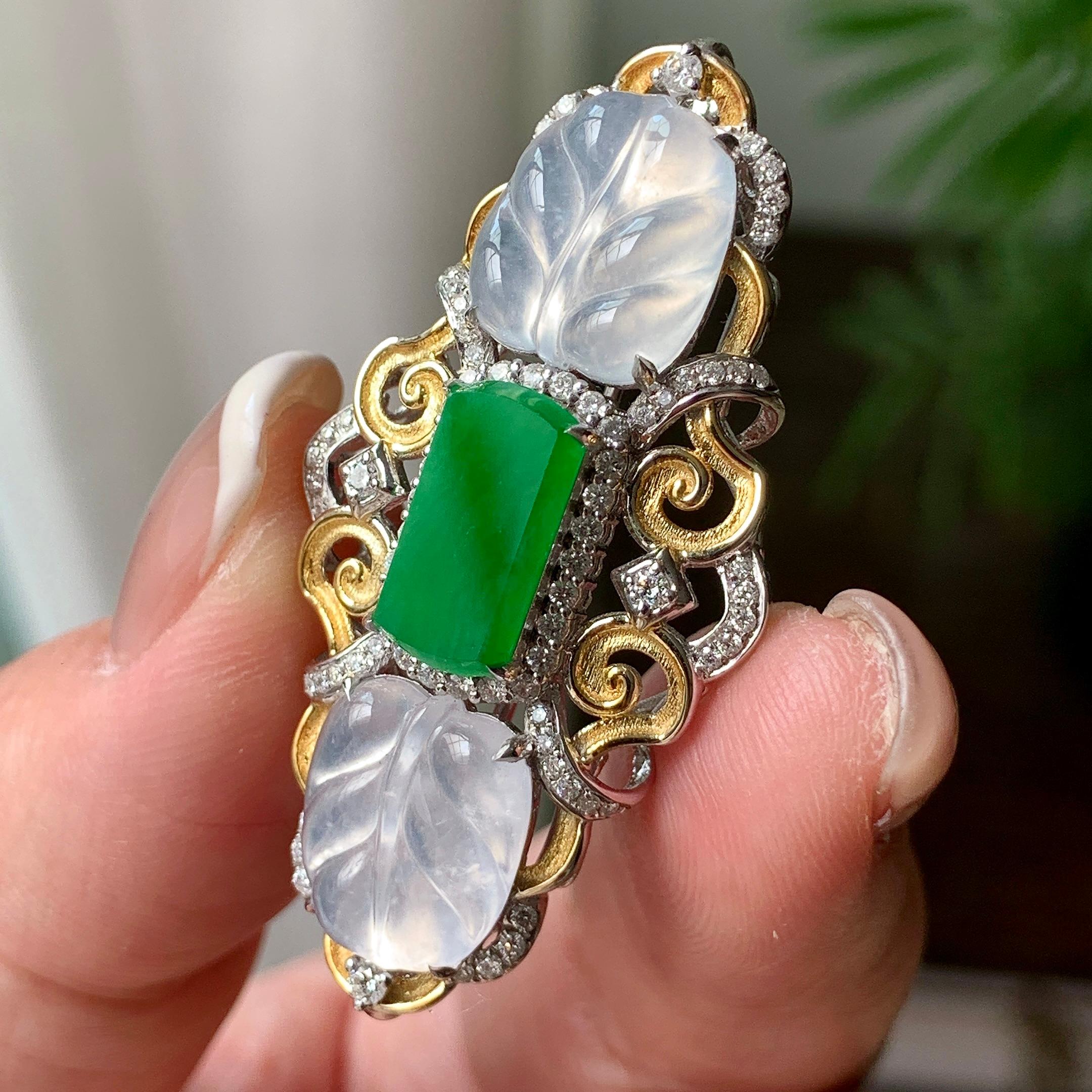 18K金钻镶糯冰种无色叶子胸针  天然缅甸A货翡翠（yc362094）