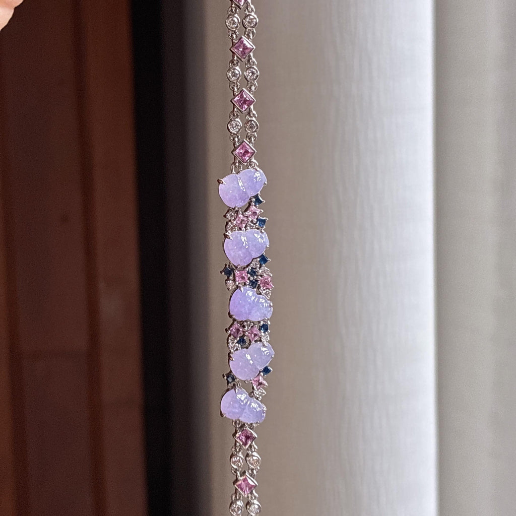 Vòng tay hồ lô tím lanh băng ngọc bích thiên nhiên Miến Điện loại A khảm vàng 18k (yc450398)